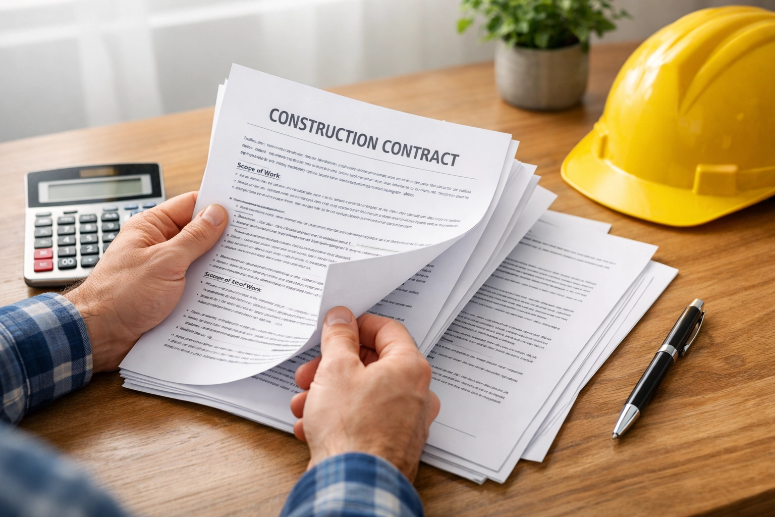 Renovation contract with hard hat and calculator demonstrating professional contractor preparation