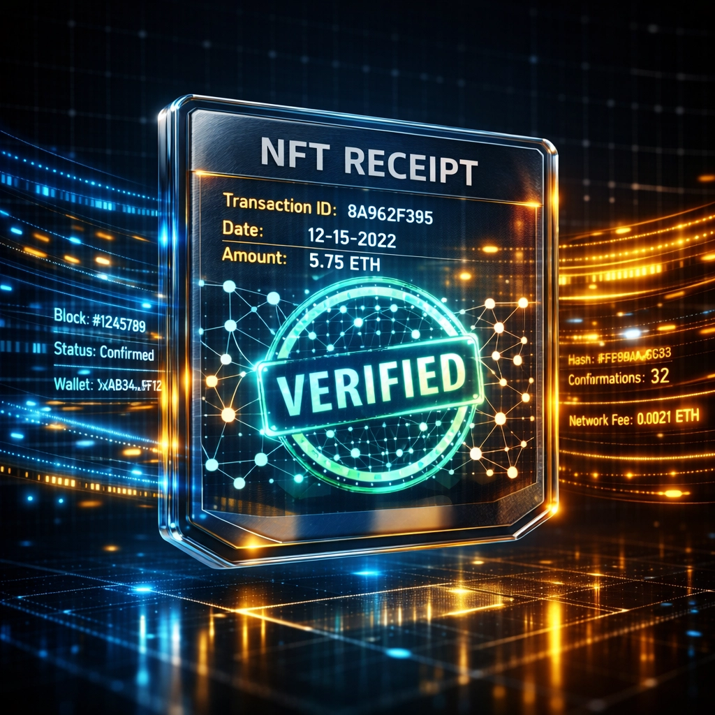 NFT receipt token with blockchain verification for merchant tax records and accounting