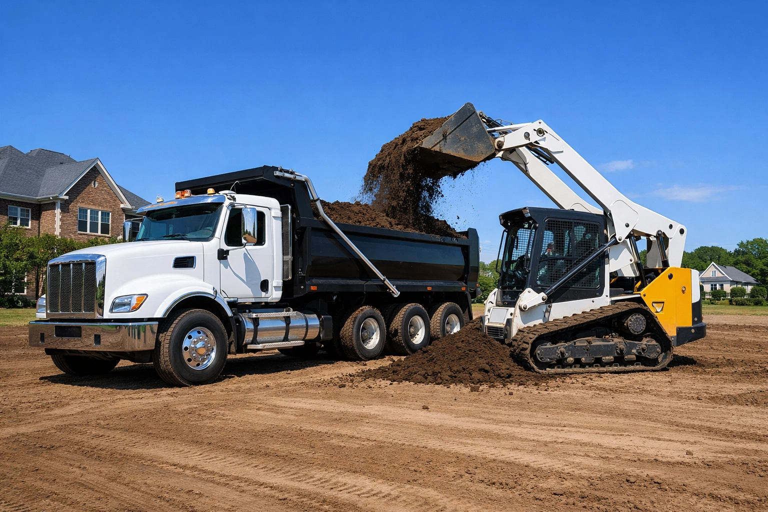 Professional excavation and hauling services clearing topsoil to prepare a site for landscaping.
