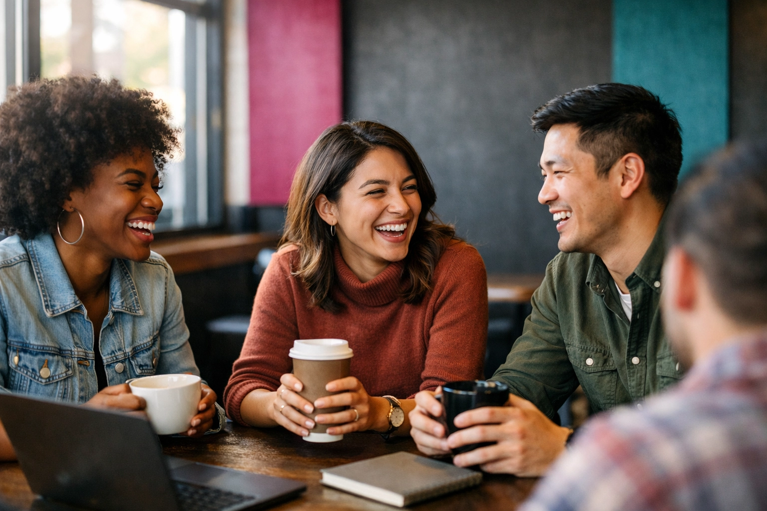 Diverse professionals building community and mental health support through connection