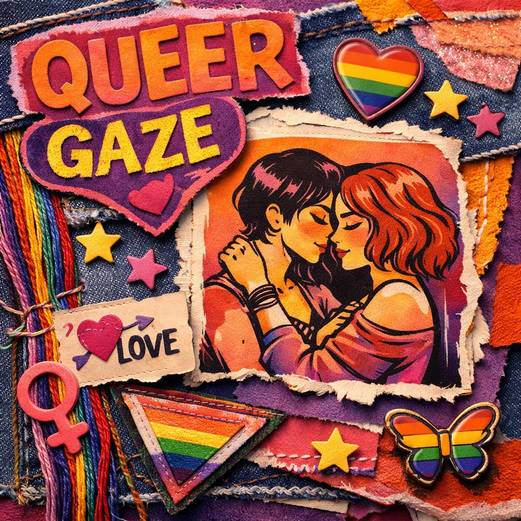 Artistic mixed-media queer collage with rainbow threads and an illustration of two women embracing.