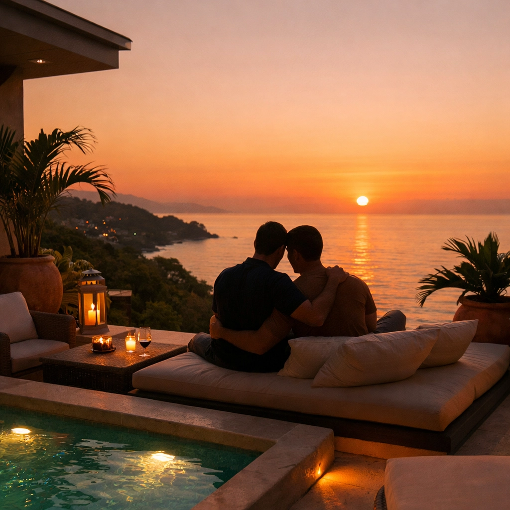 Gay couple relaxing at sunset at private villa in Puerto Vallarta's South Zone