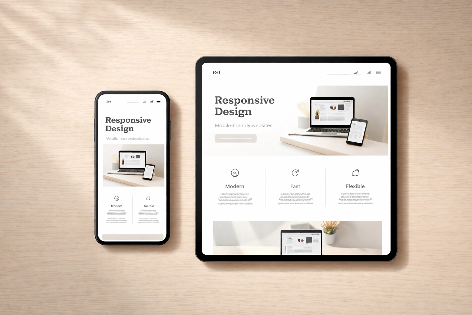 Smartphone and tablet showing mobile-optimized website layouts, emphasizing mobile-friendly SEO design