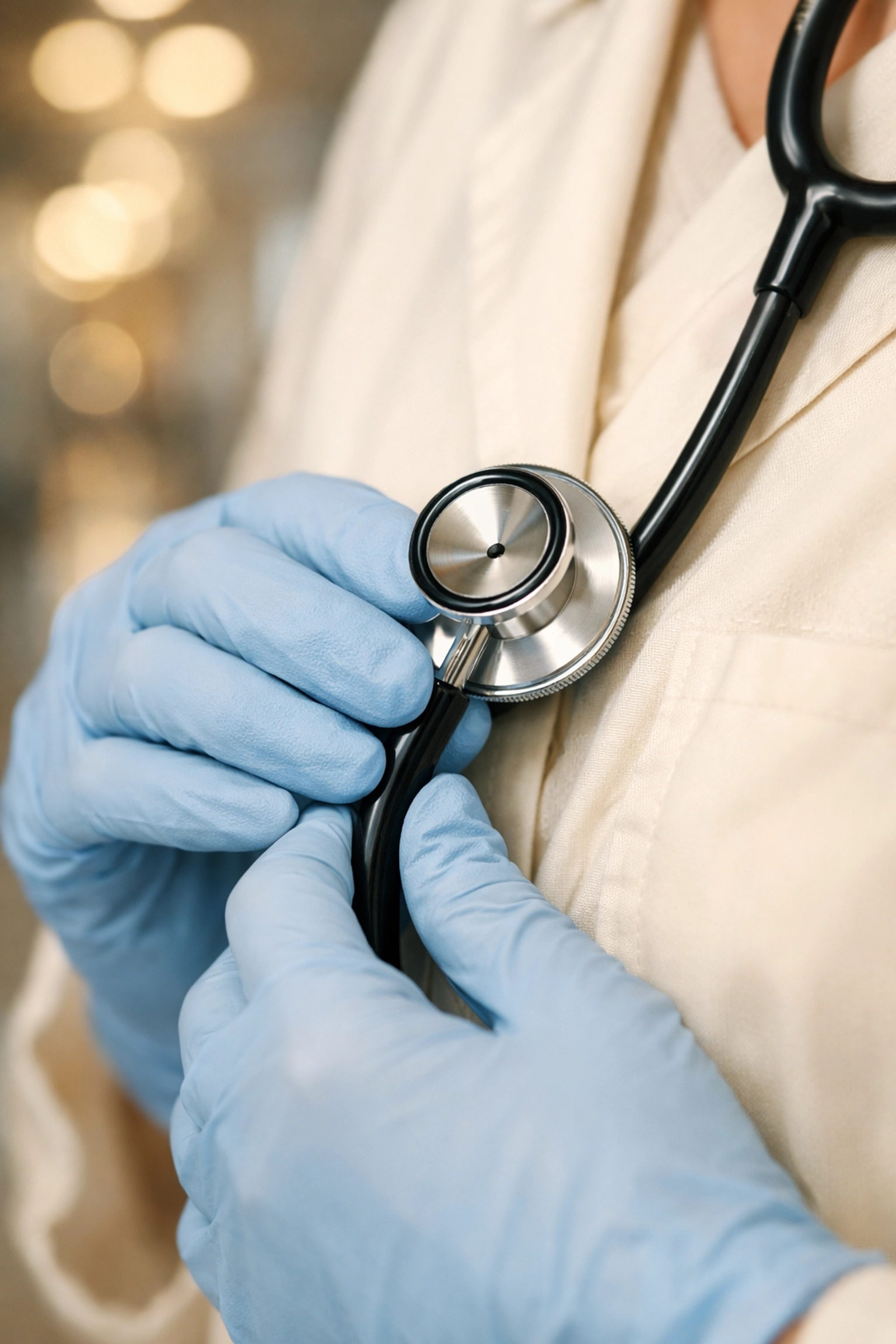Aspiring doctor holding stethoscope during clinical work experience placement in hospital setting