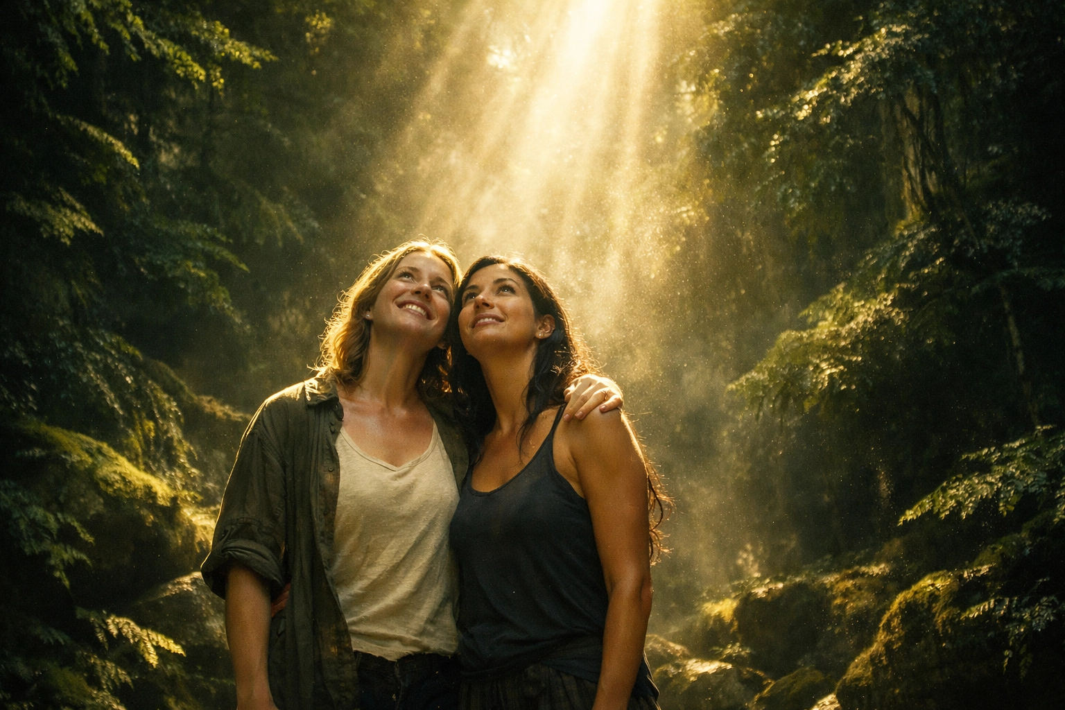 A lesbian couple finds peace in nature, practicing queer spirituality in a sunlit forest setting.