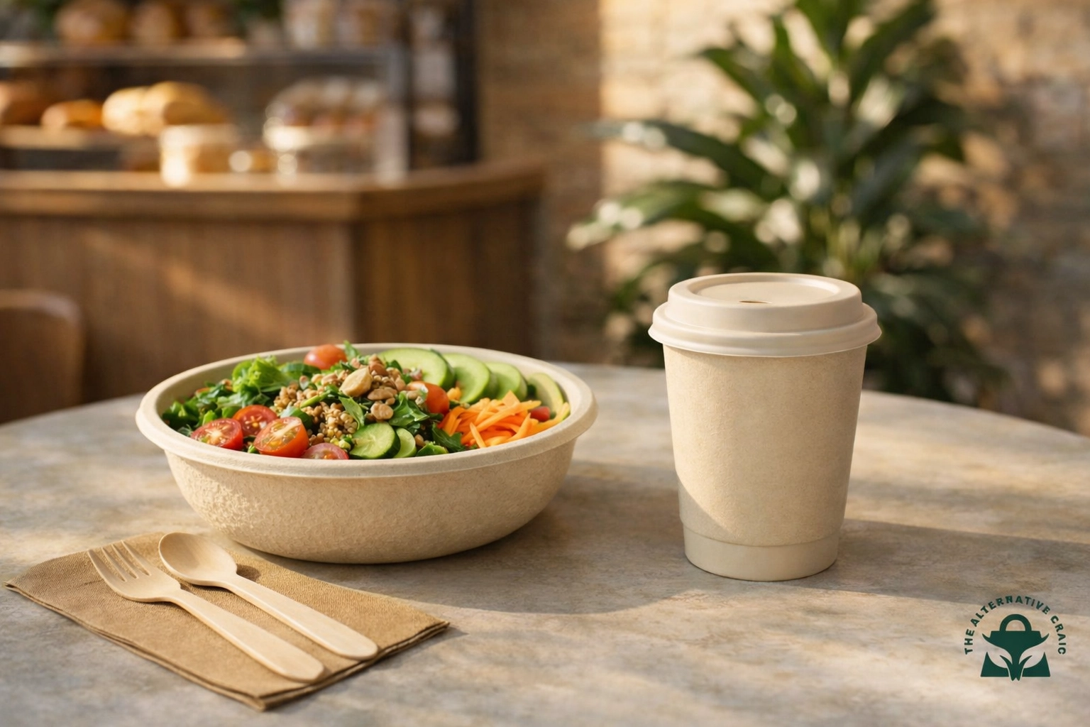 Sustainable food packaging for restaurants featuring a plant-fiber bowl, compostable cup, and natural-colored plant-based cutlery.