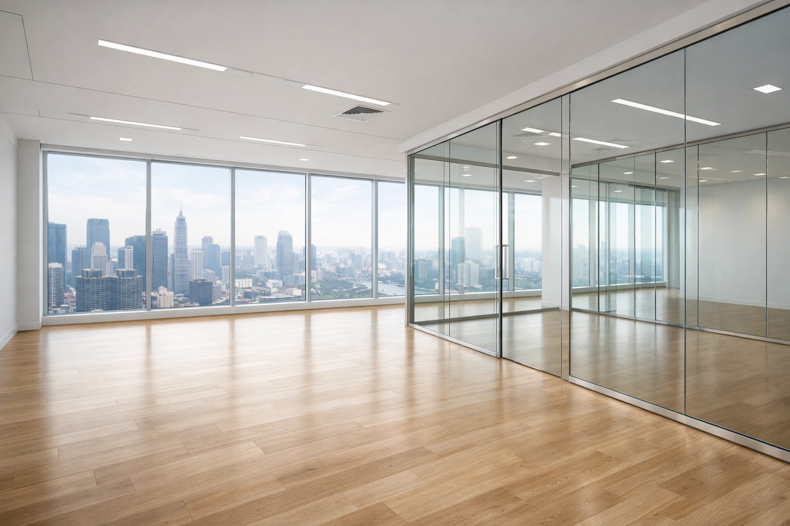 Empty Detroit office suite with spotless windows and hardwood floors ready for new tenant move-in.