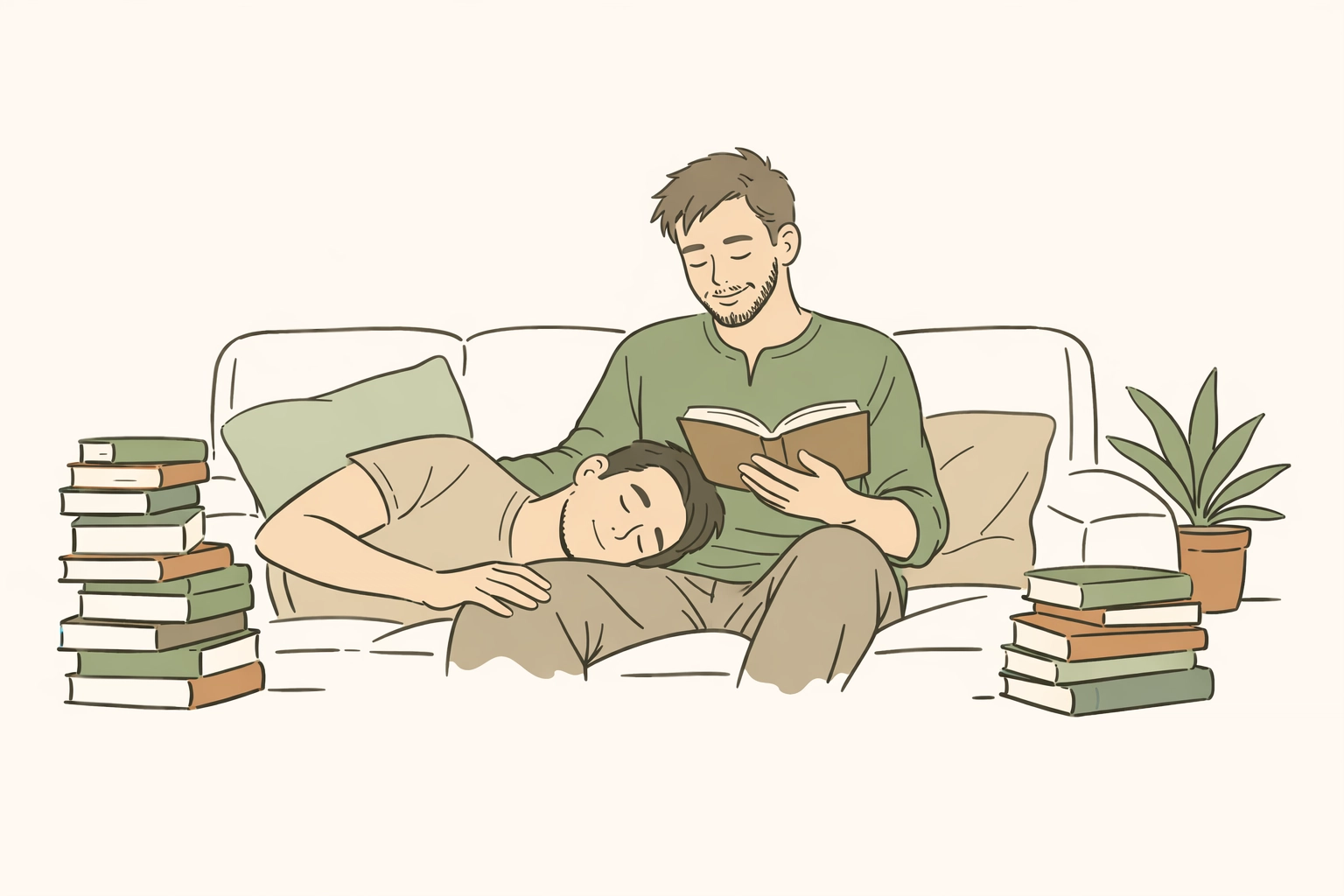 Hand-drawn art of a gay couple reading MM romance books together, illustrating the healing power of queer stories.
