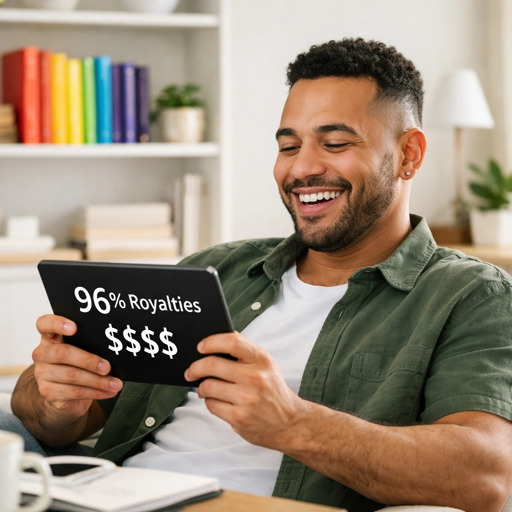 A gay author celebrates high royalties for his gay novels while working on a tablet in a bright home office.