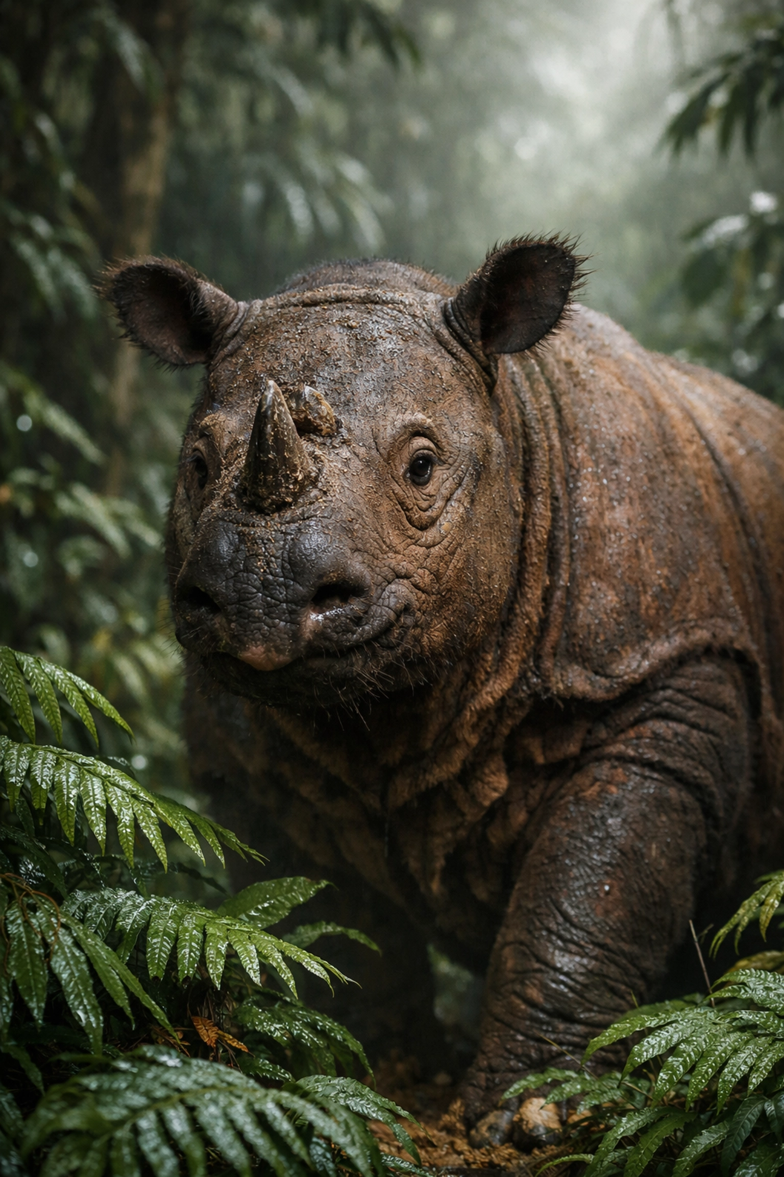 Close-up of a rare Sumatran Rhino in its misty rainforest habitat for a species spotlight campaign.