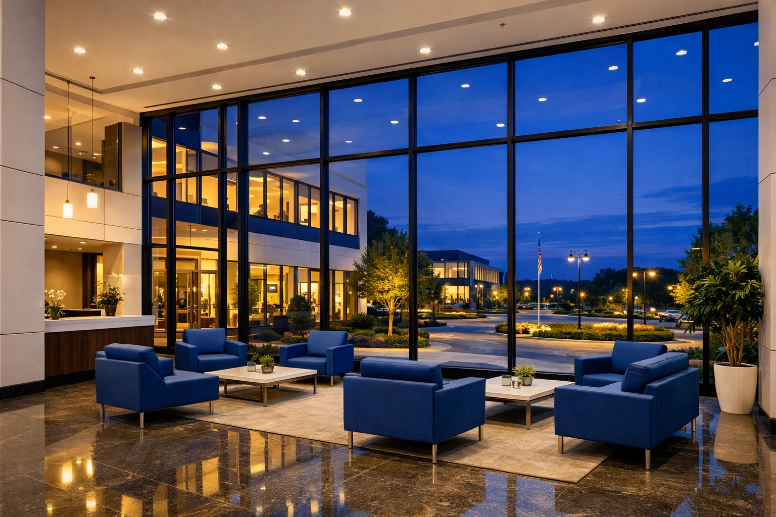 A spotless commercial interior in Hopkinton looking out onto a professional park after a cleaning service.