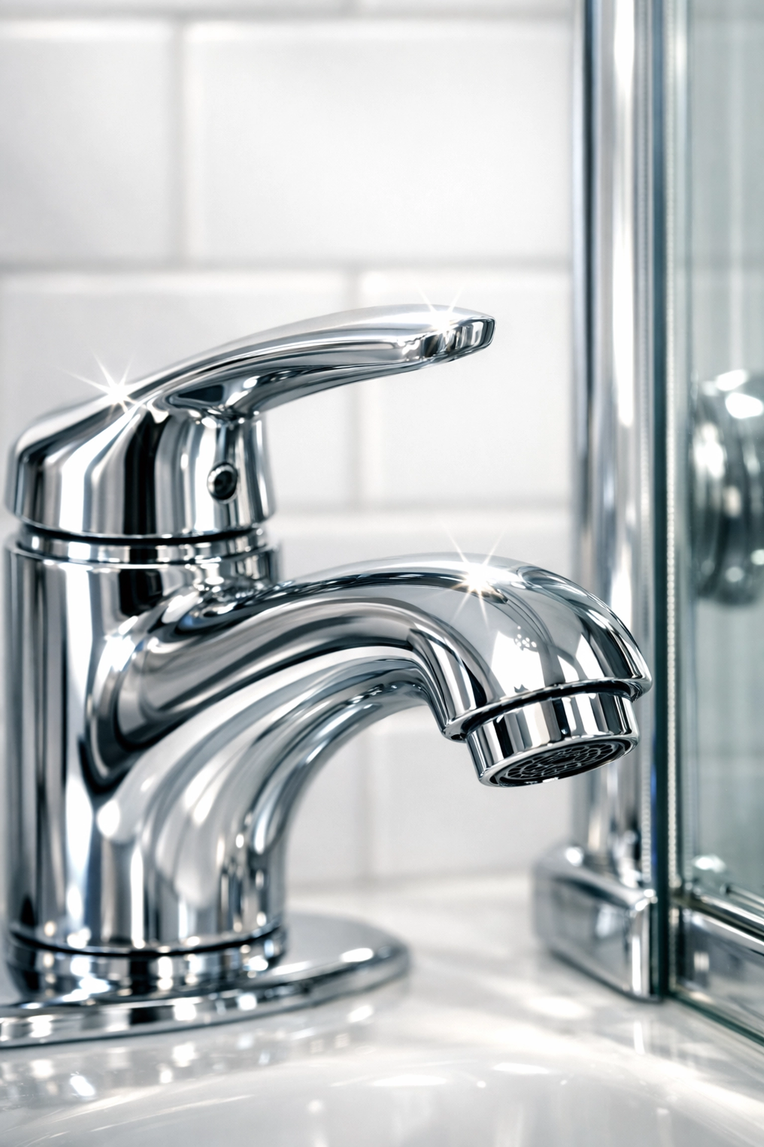 Spotless polished bathroom fixtures and glass shower door following a professional move out cleaning.