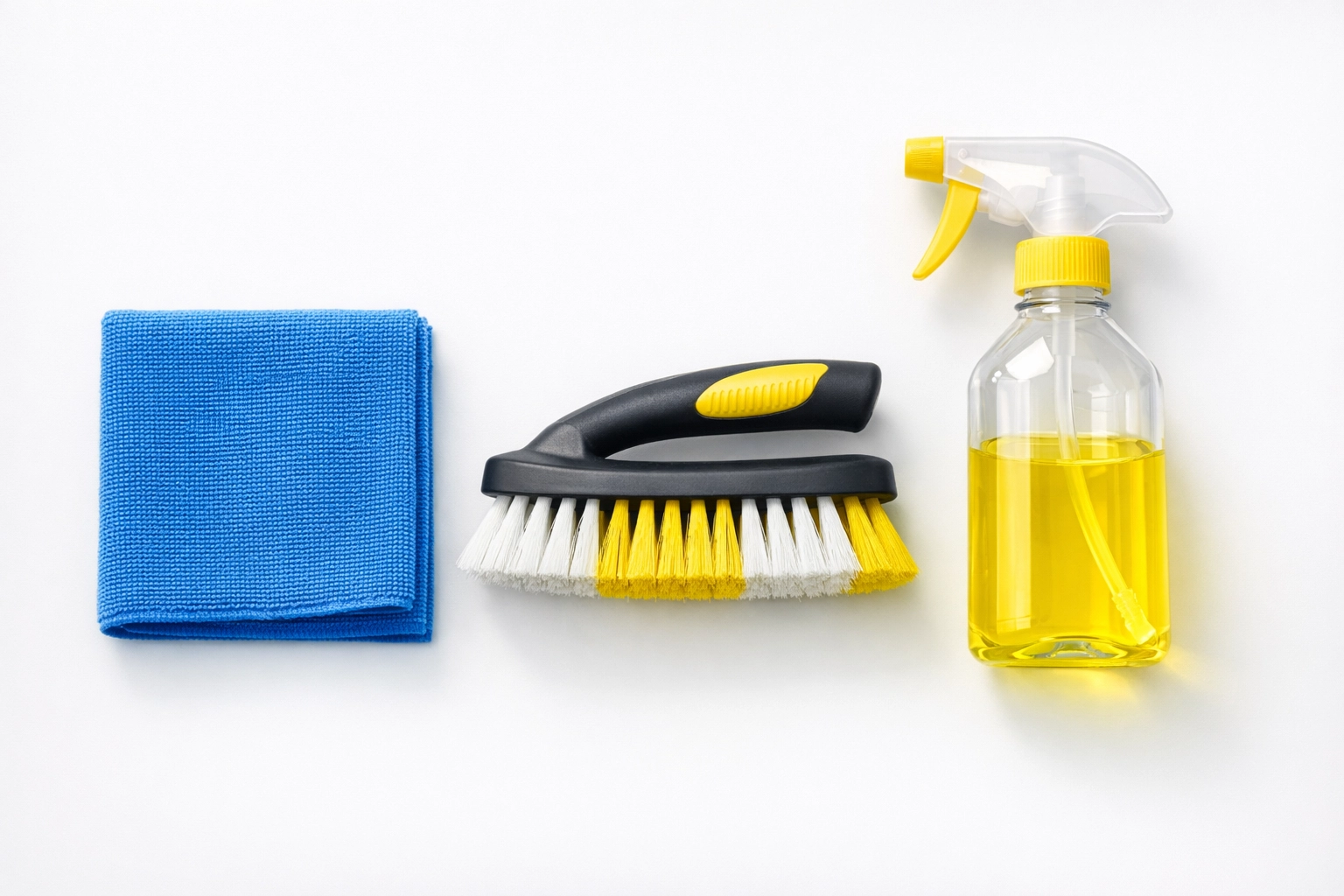 Professional cleaning kit with blue microfiber cloth, scrub brush, and spray bottle for grout rescue.