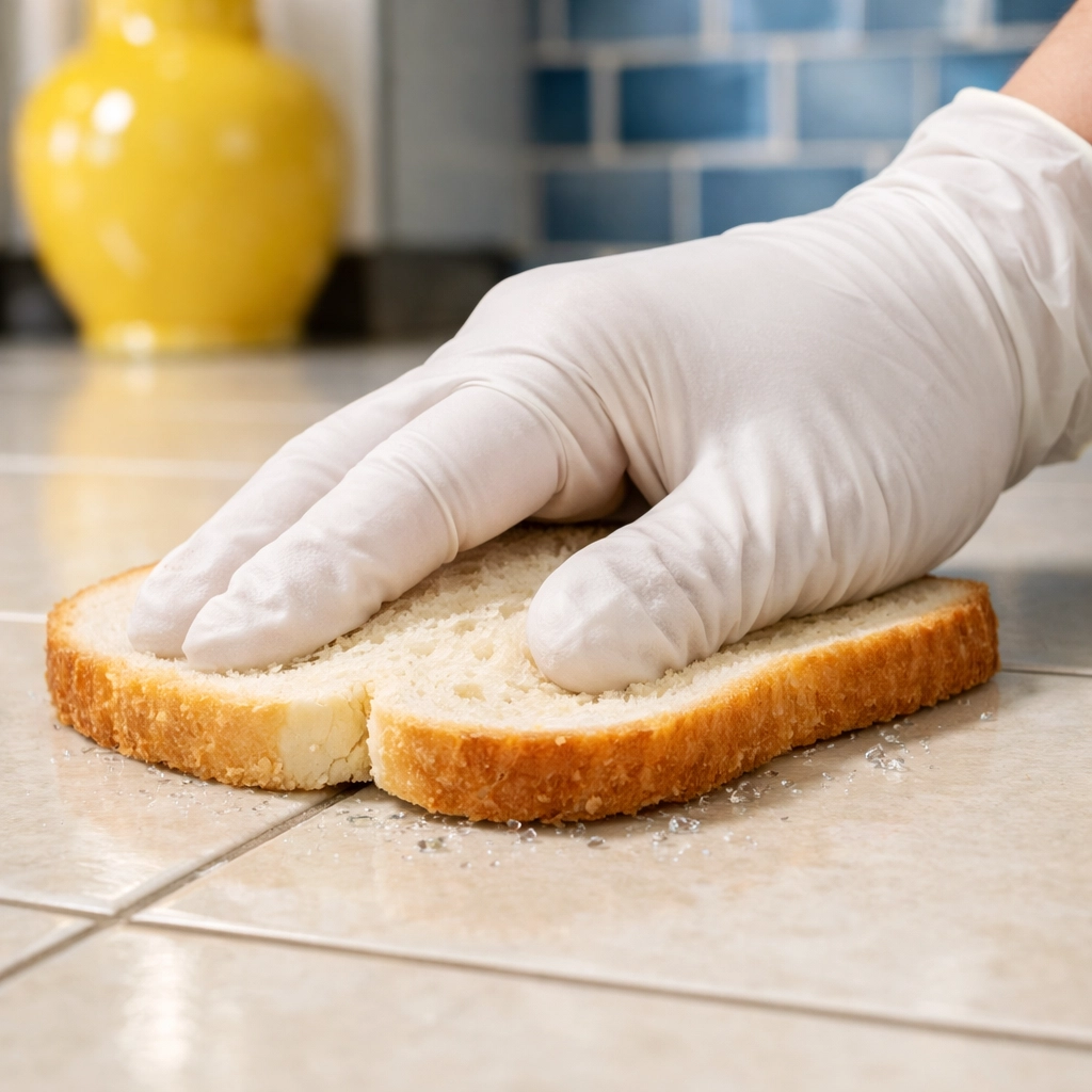 Using a slice of white bread to safely pick up tiny broken glass shards from a kitchen tile floor.