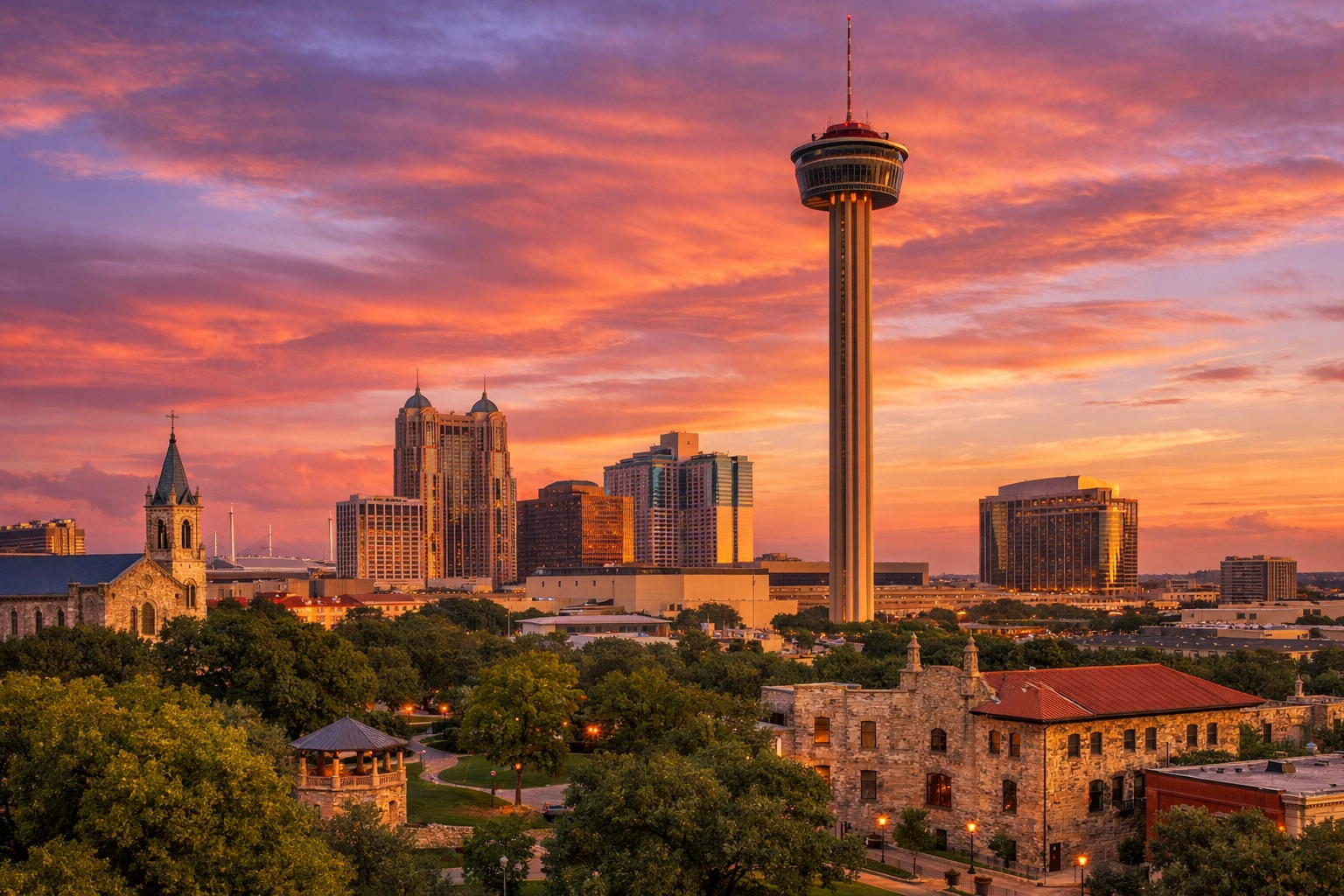 San Antonio, TX skyline at sunset, showing the vibrant city where you can buy a home.