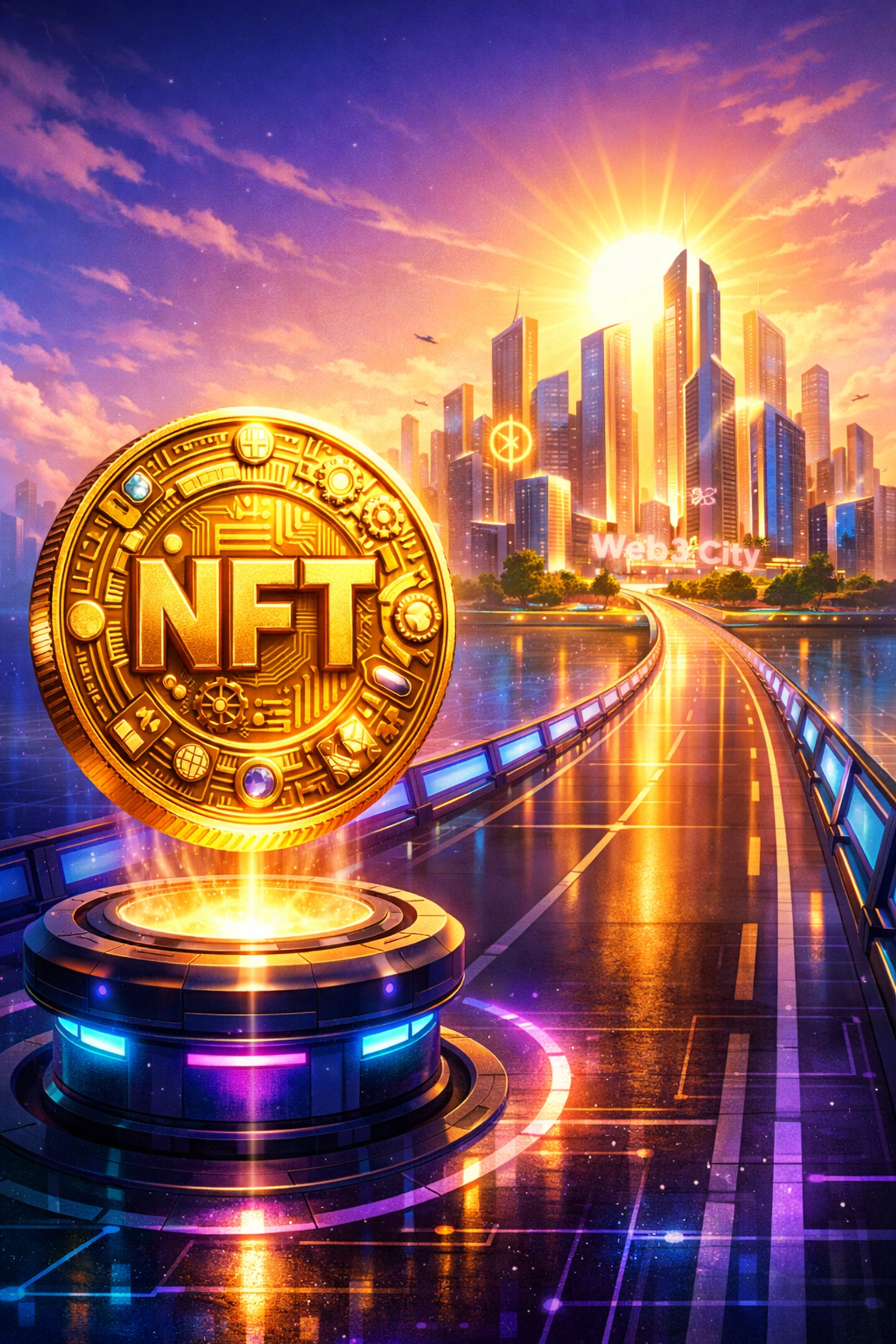 Golden NFT receipt on a pedestal symbolizing the transition to modern Web3 business and accounting.