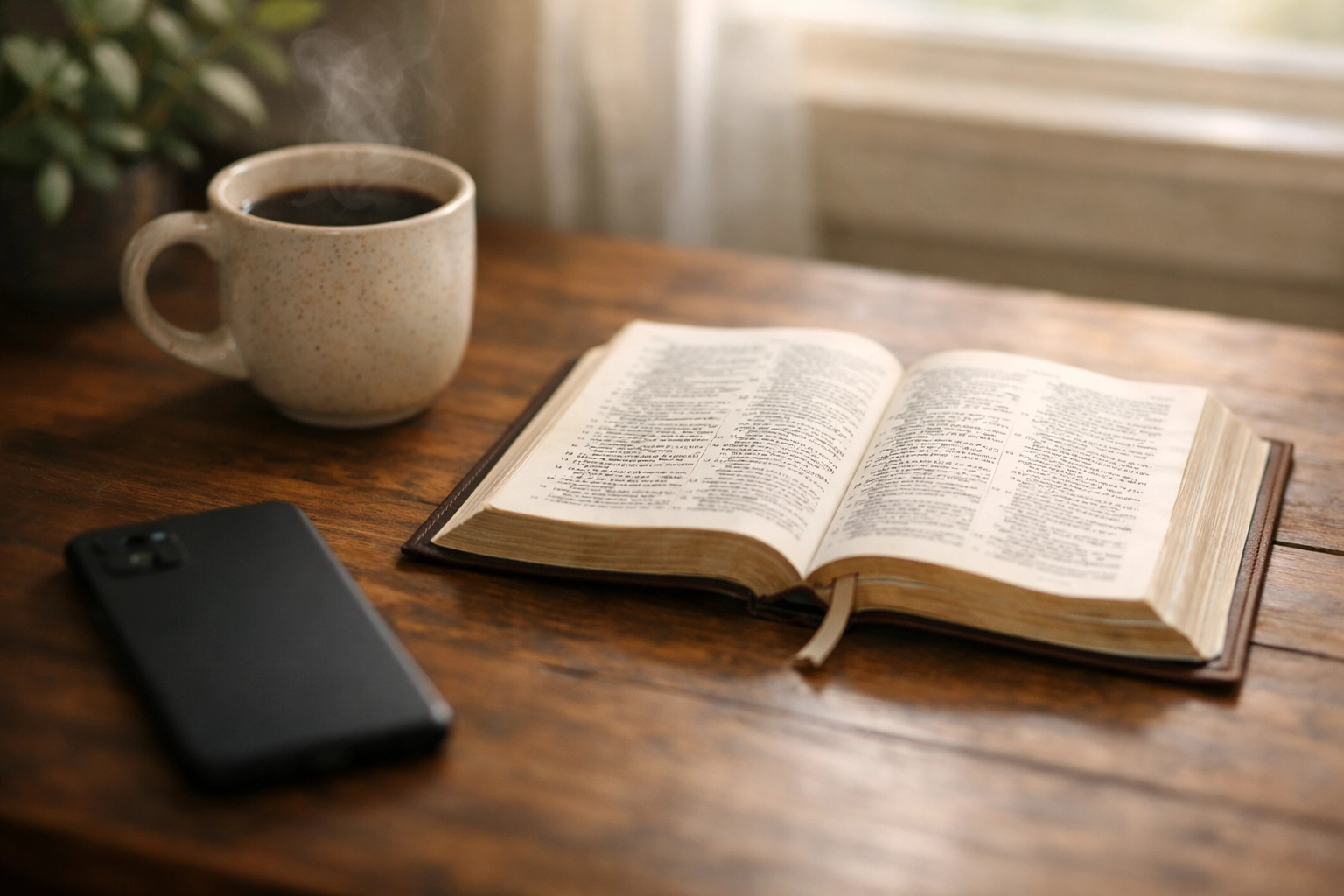 Peaceful morning routine with Bible and coffee, phone face-down to guard heart from news overload