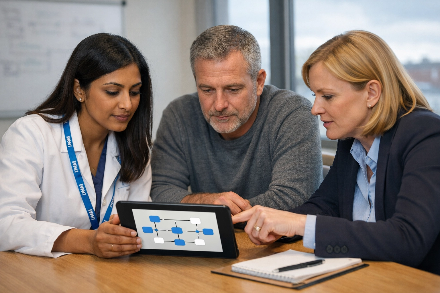 NHS clinical leads and a patient advocate collaborating on respiratory pathway design to improve asthma care UK.