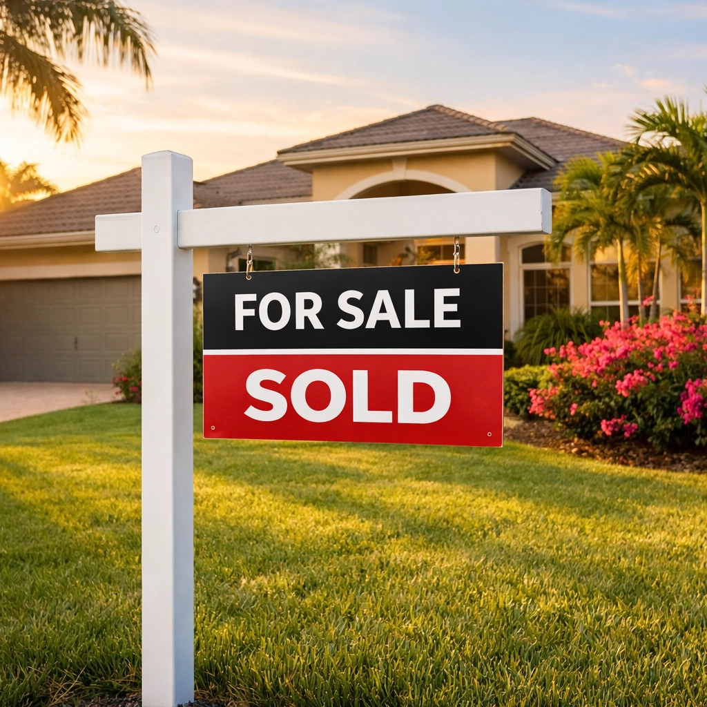 Sold sign in front of Cape Coral home illustrating strong spring market sales activity