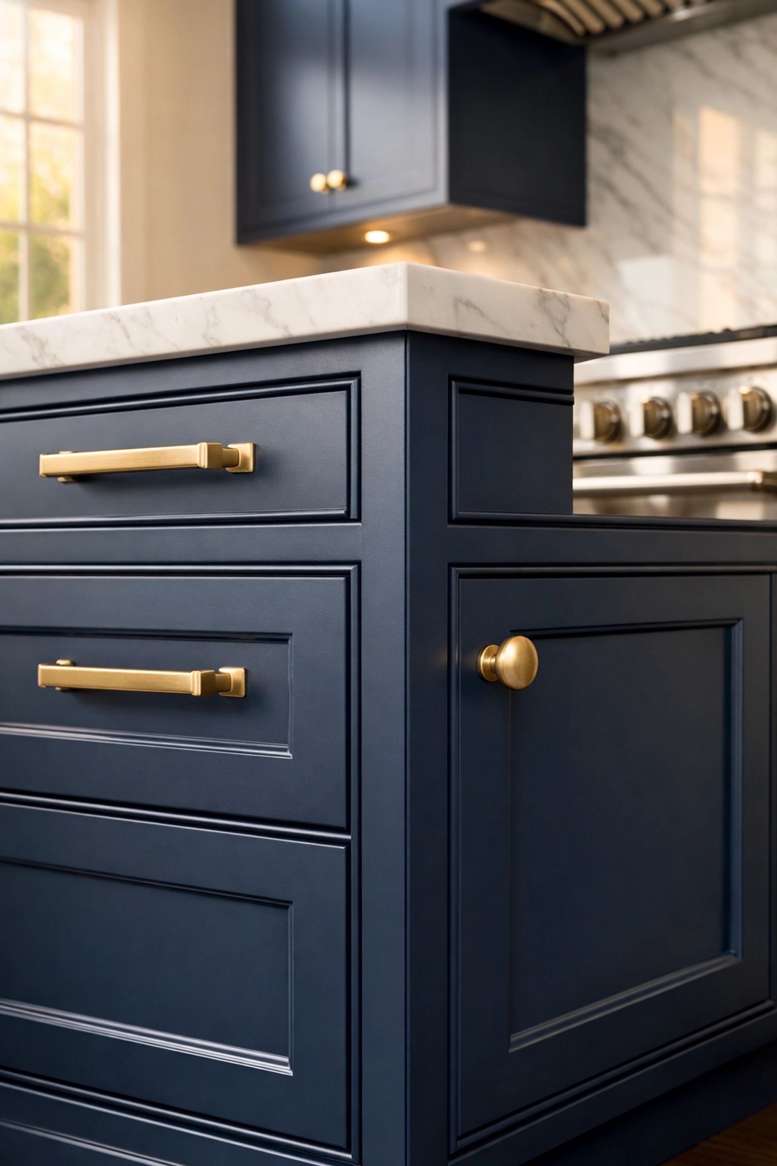 Luxury kitchen cabinet refinishing in Austin featuring a smooth matte blue finish and gold hardware.