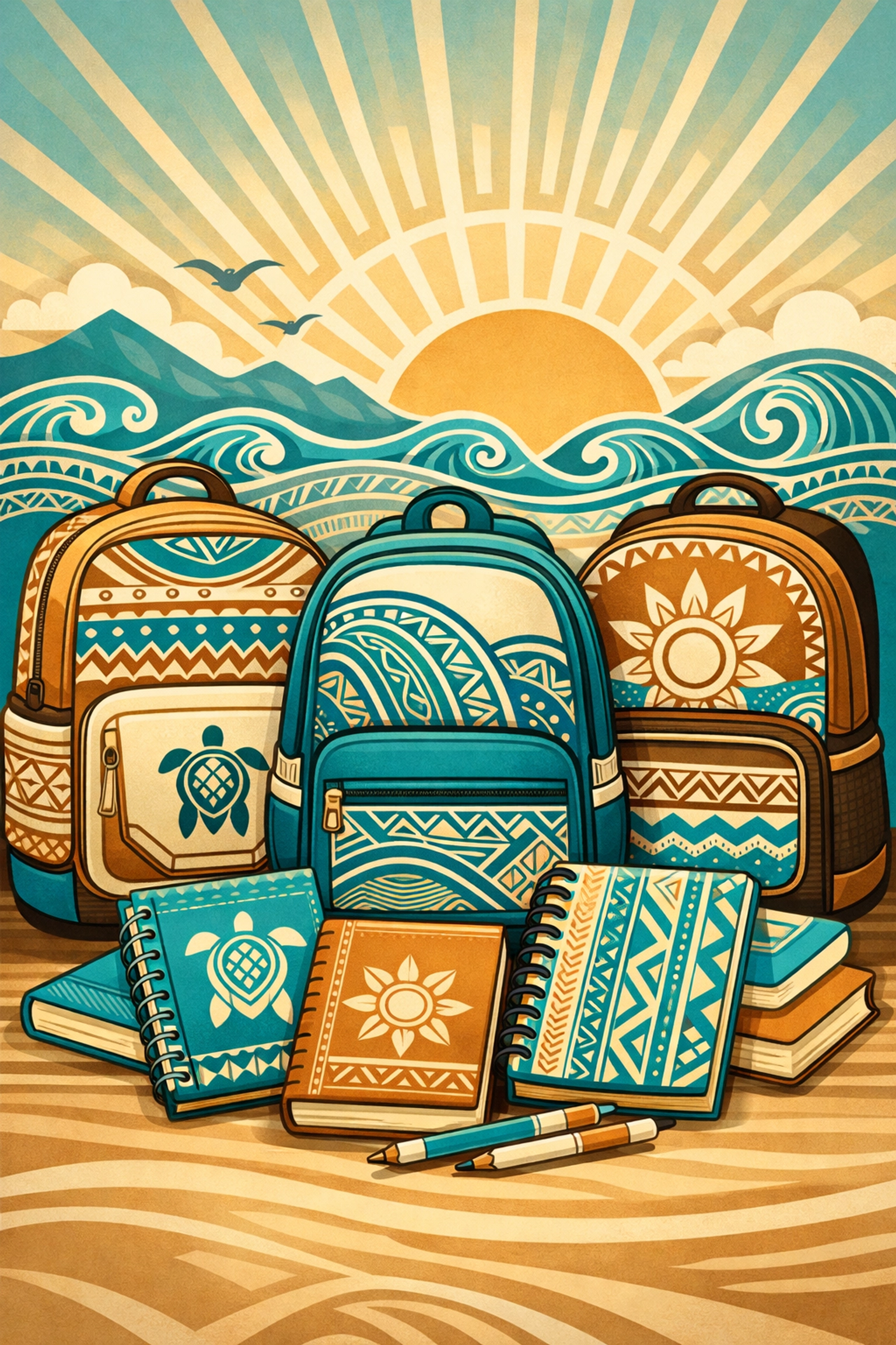 Polynesian patterned backpacks and school supplies for the Talofa Fest charity donation.