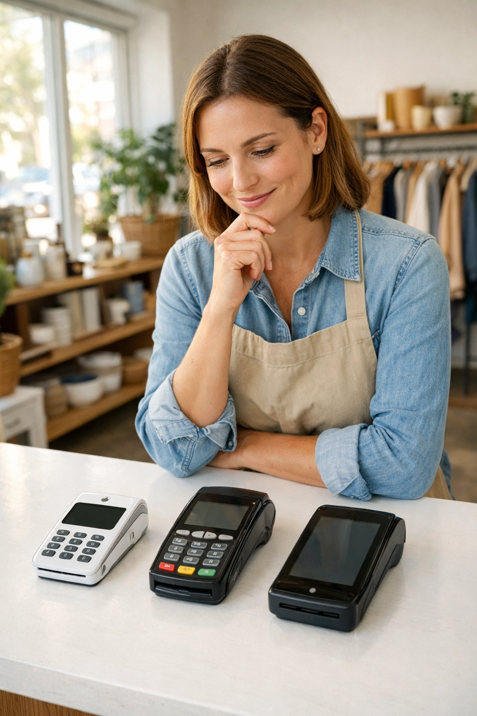 Business owner comparing POS systems and card readers in retail shop