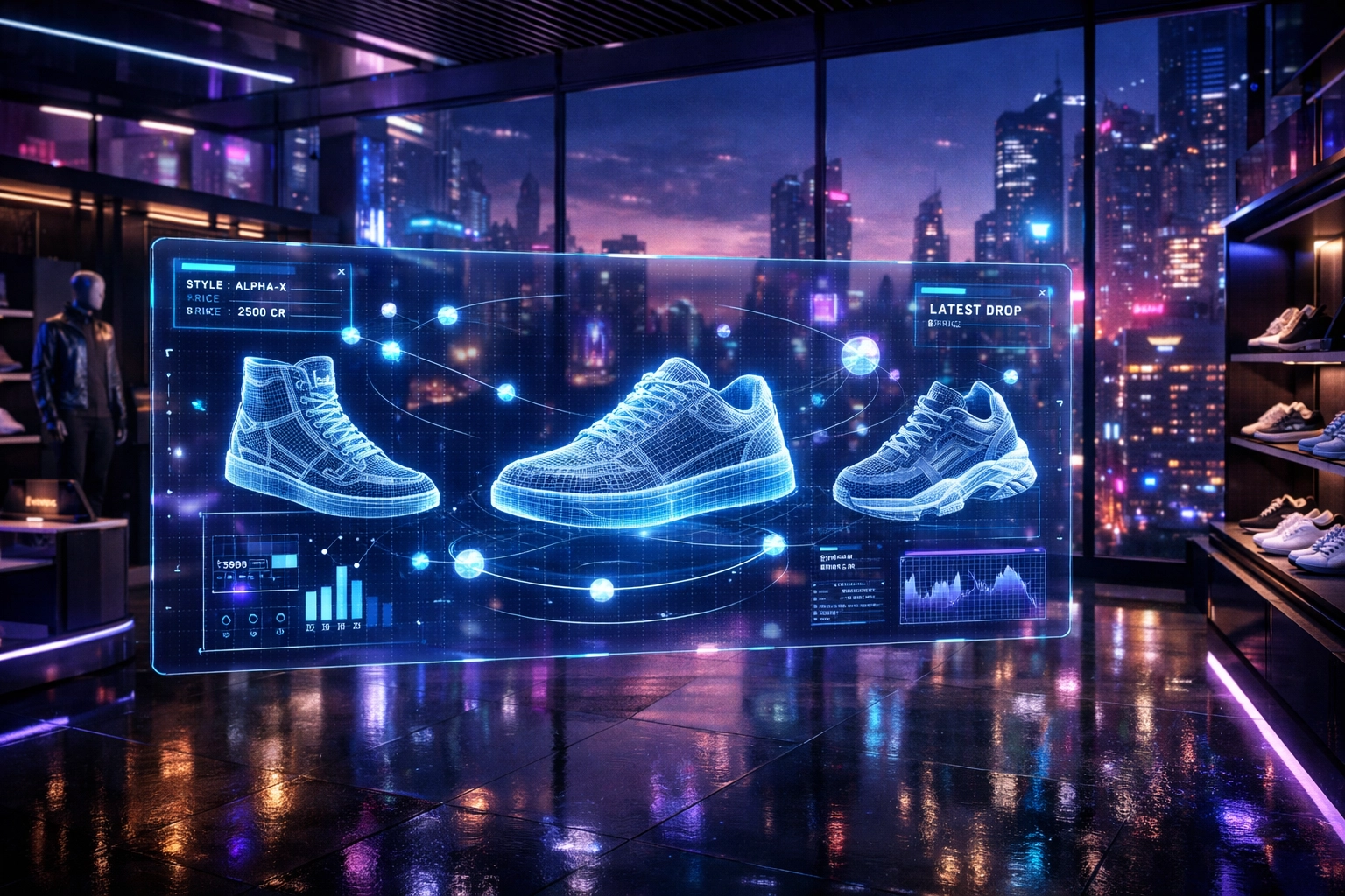 Larecoin.ai B2B2C dashboard showing real-time AI analytics in a virtual metaverse boutique.