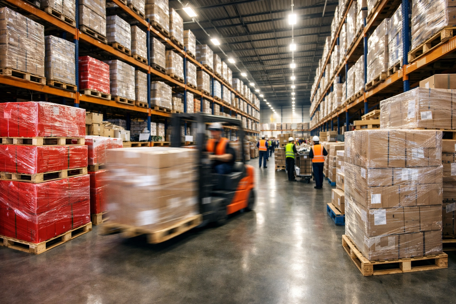 Busy warehouse operations during peak season with organized inventory and activity