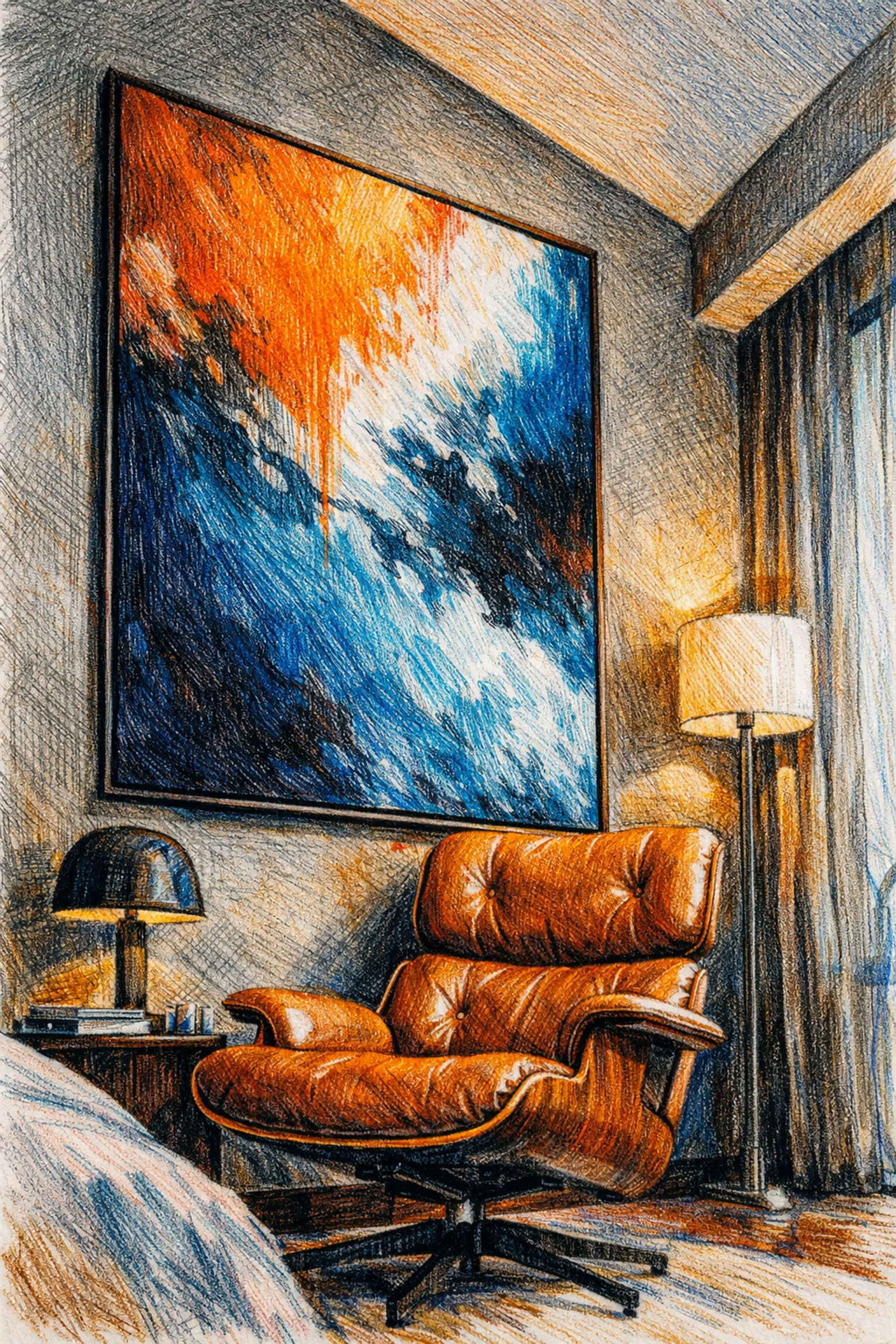 Contemporary luxury hotel suite with bold abstract art and mid-century leather seating.