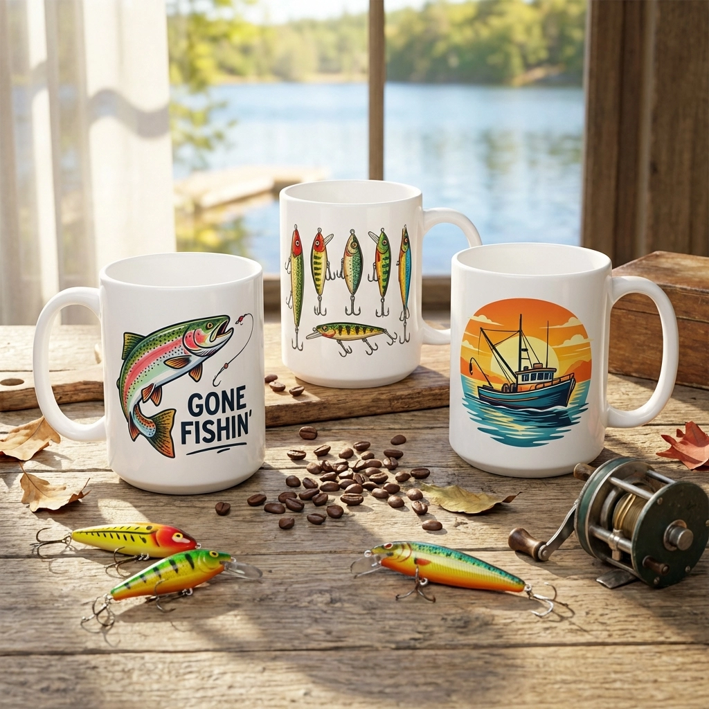 Three funny fishing mugs with colourful designs and tackle, ideal birthday gifts for dads who love fishing.