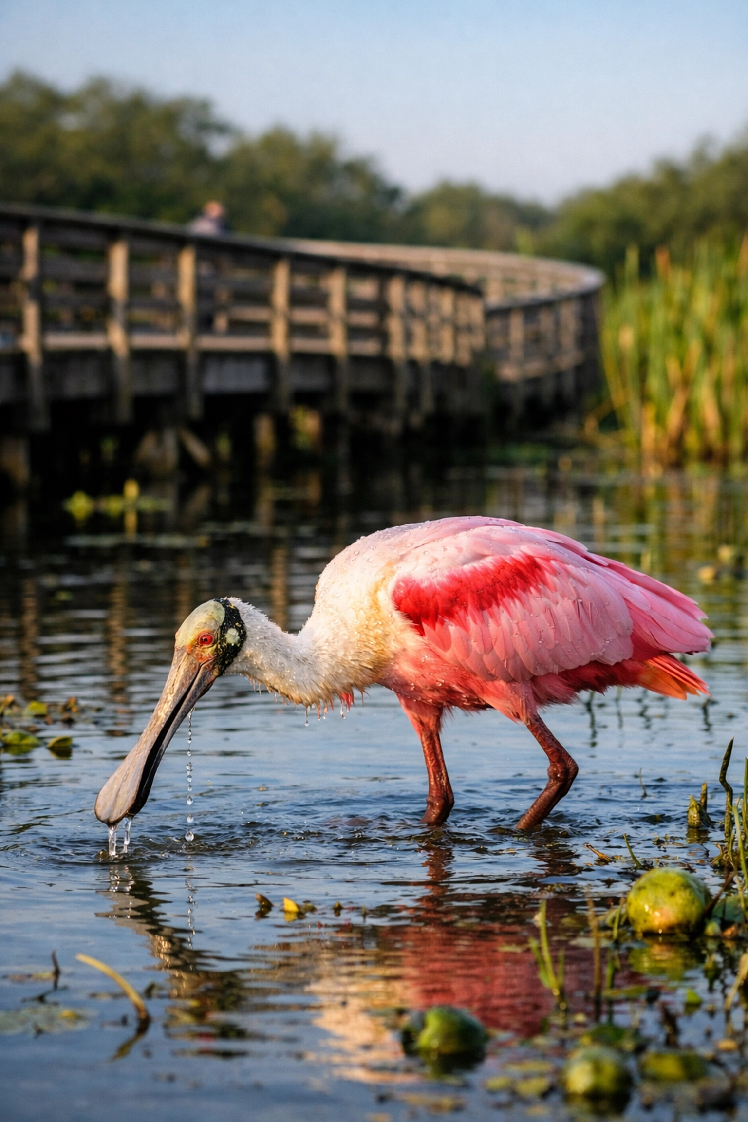A Roseate Spoonbill at Wakodahatchee Wetlands at sunrise, perfect for wildlife photography Everglades.