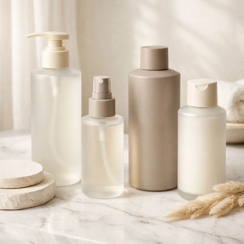 Professional hair care products and salon-grade shampoo on a clean white countertop.