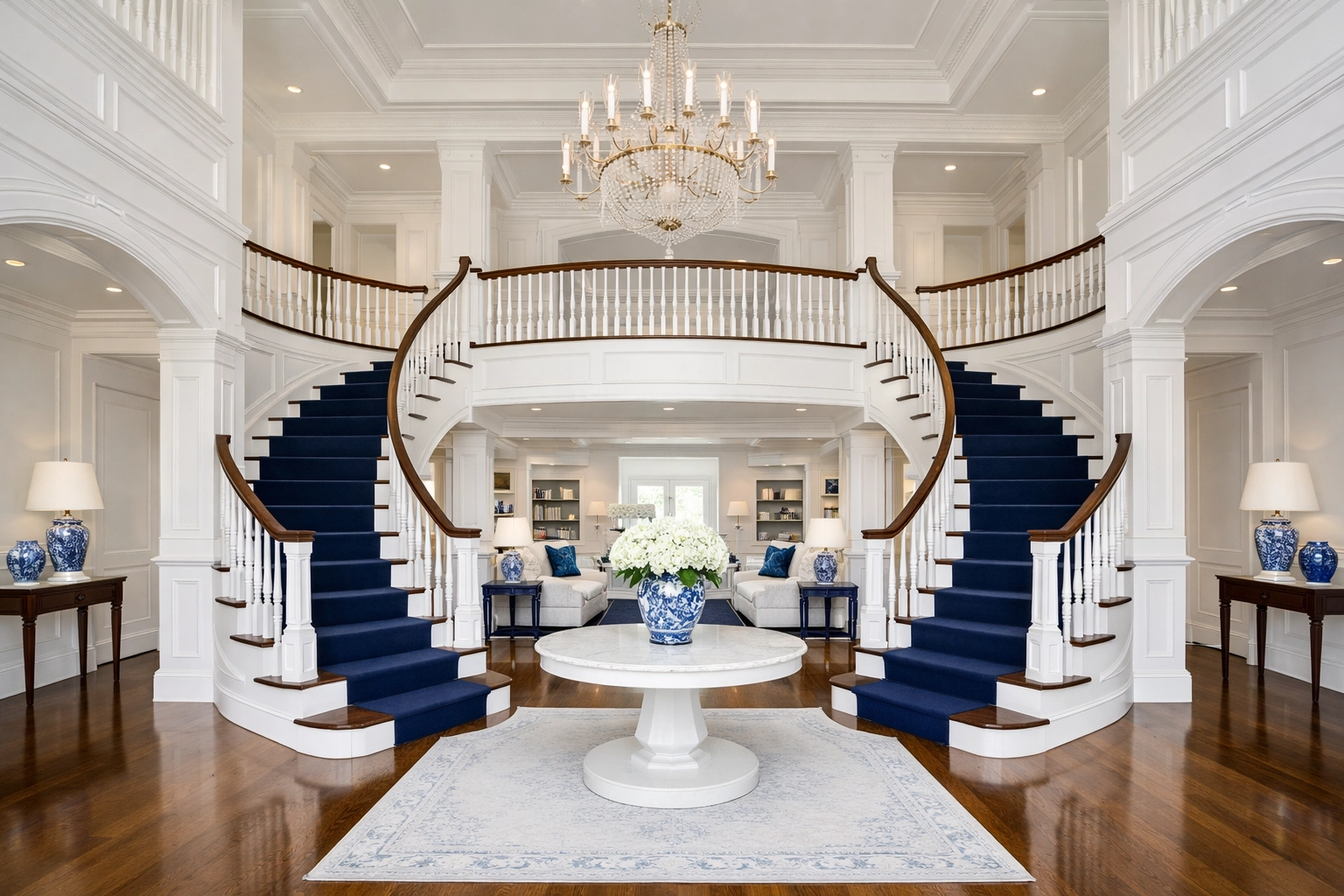 A dust-free grand foyer in a luxury home, highlighting professional residential cleaning Massachusetts standards.