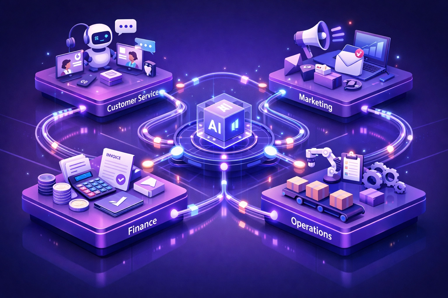 Interconnected business functions using workflow automation across customer service, finance, and operations