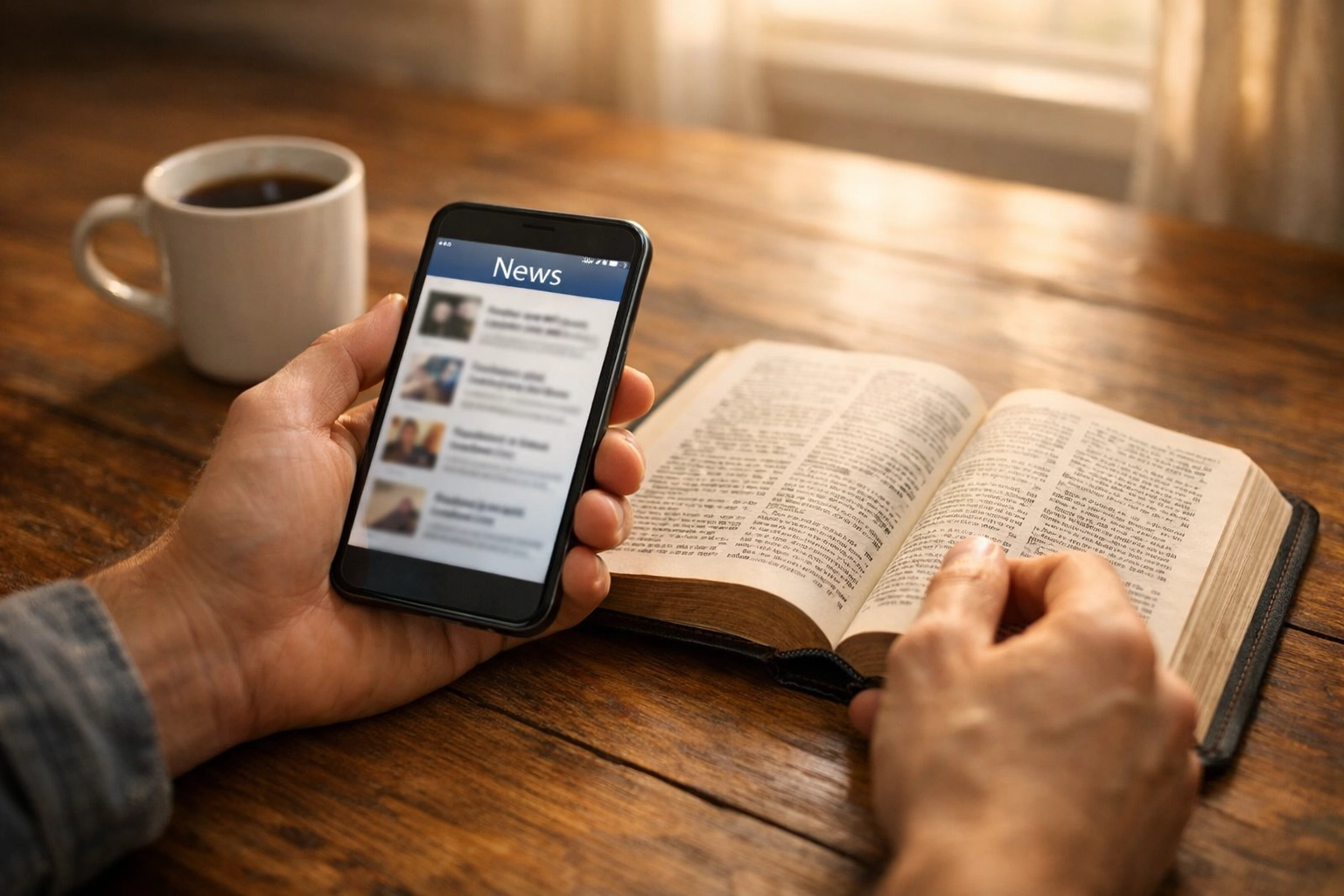 Hands holding smartphone with news app beside open Bible on morning table