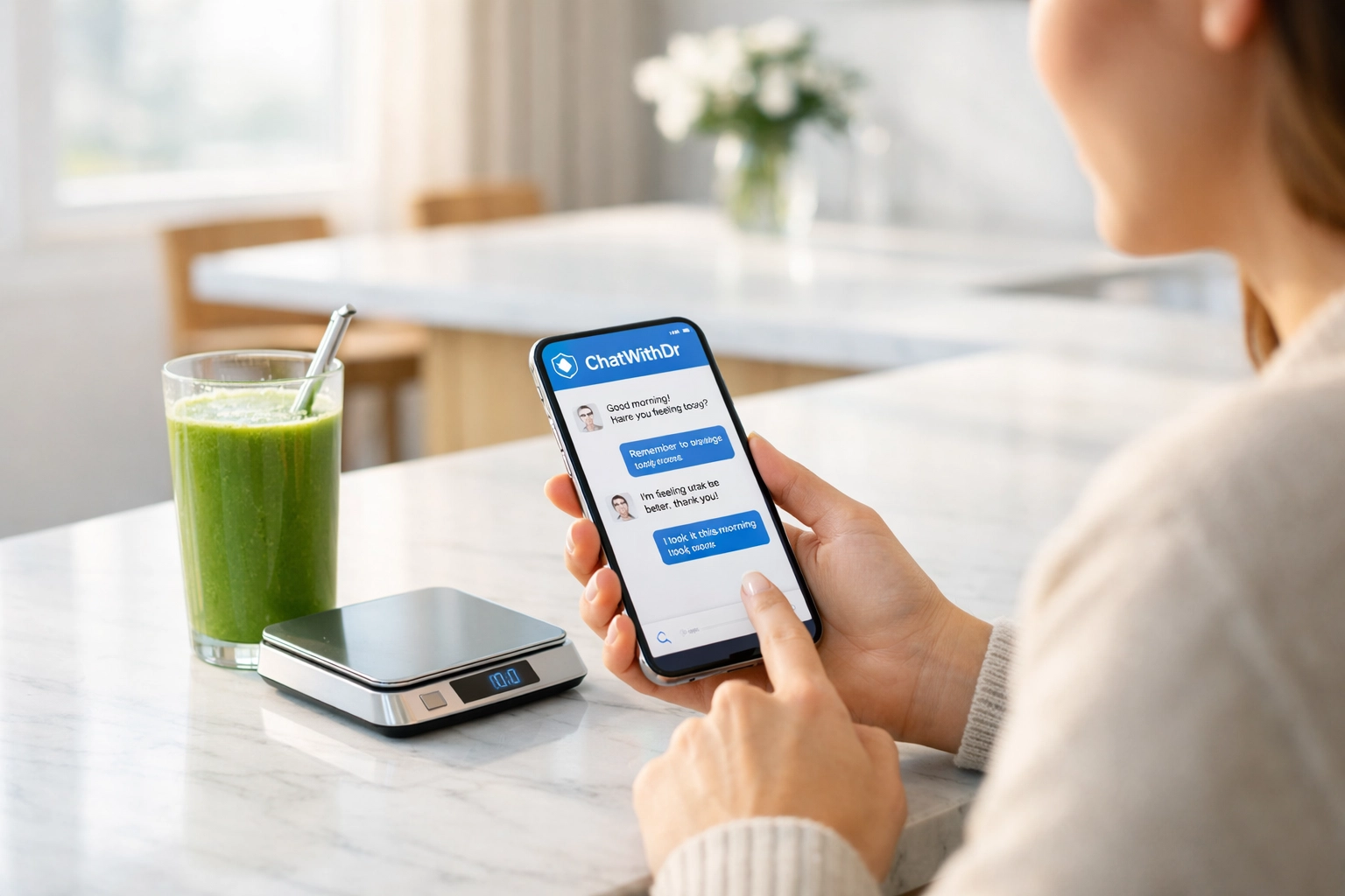 Person using a smartphone for an affordable $39.99 online weight loss consultation at home.