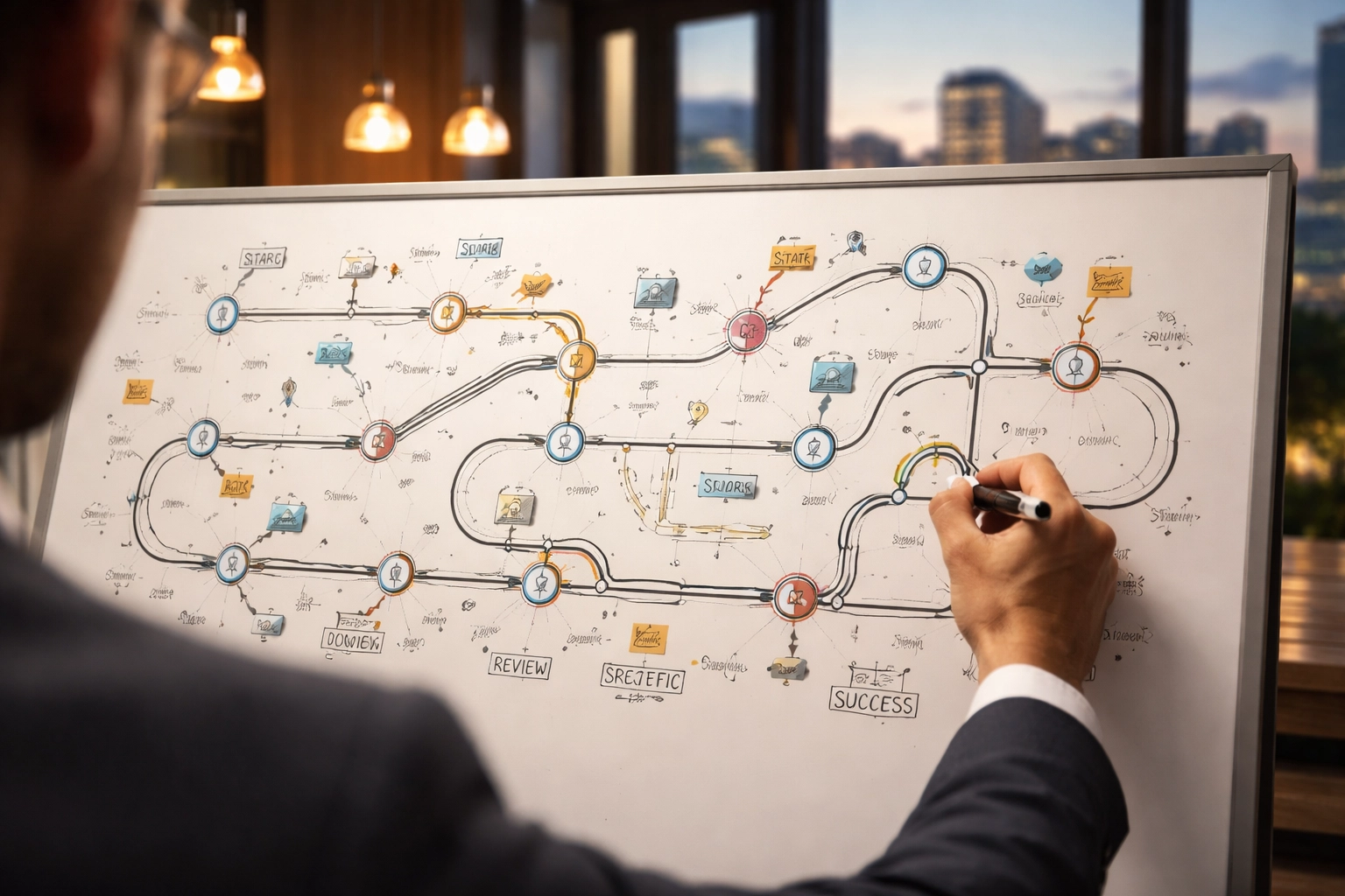 Whiteboard strategic roadmap session in Adelaide office, representing personalized coaching plans
