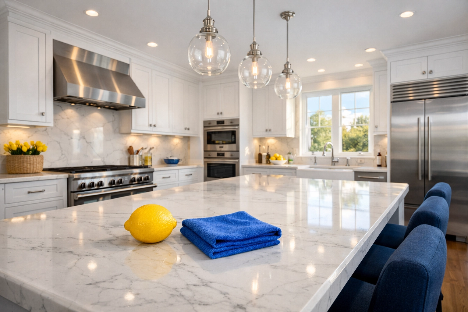 Luxury house cleaning Newton MA showing a sparkling kitchen with marble countertops and professional appliances.