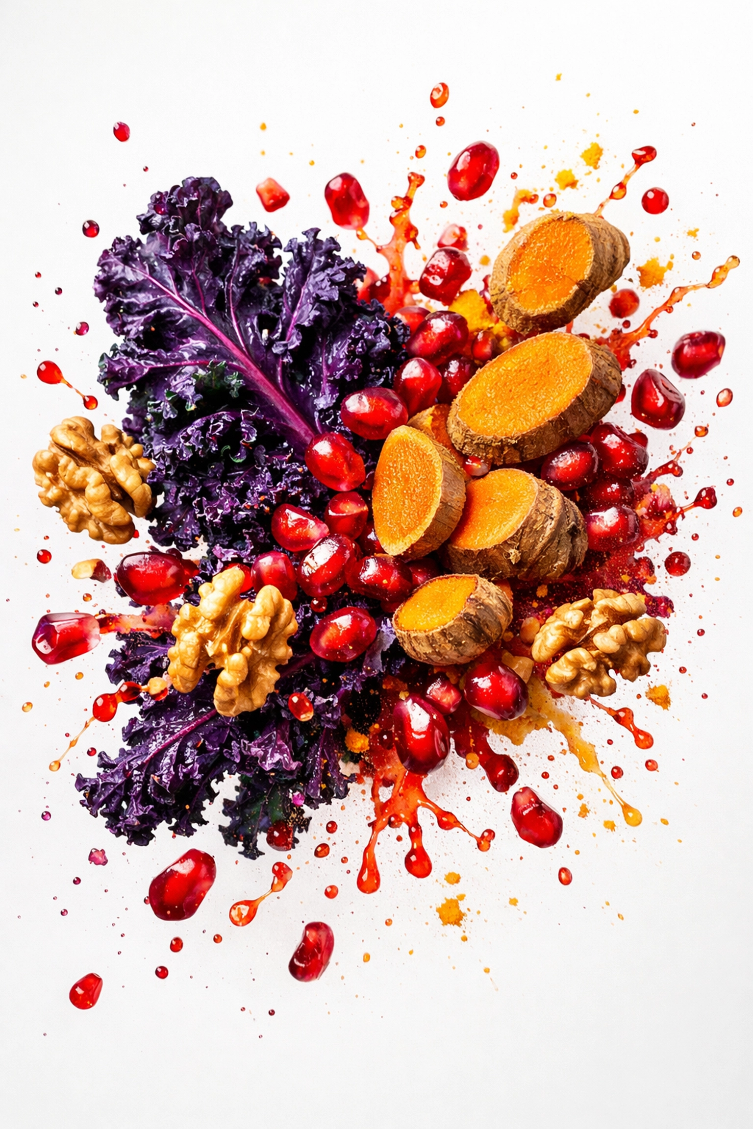 Vibrant plant-based superfoods like kale and pomegranate rich in antioxidants and phytonutrients for a vegan diet.