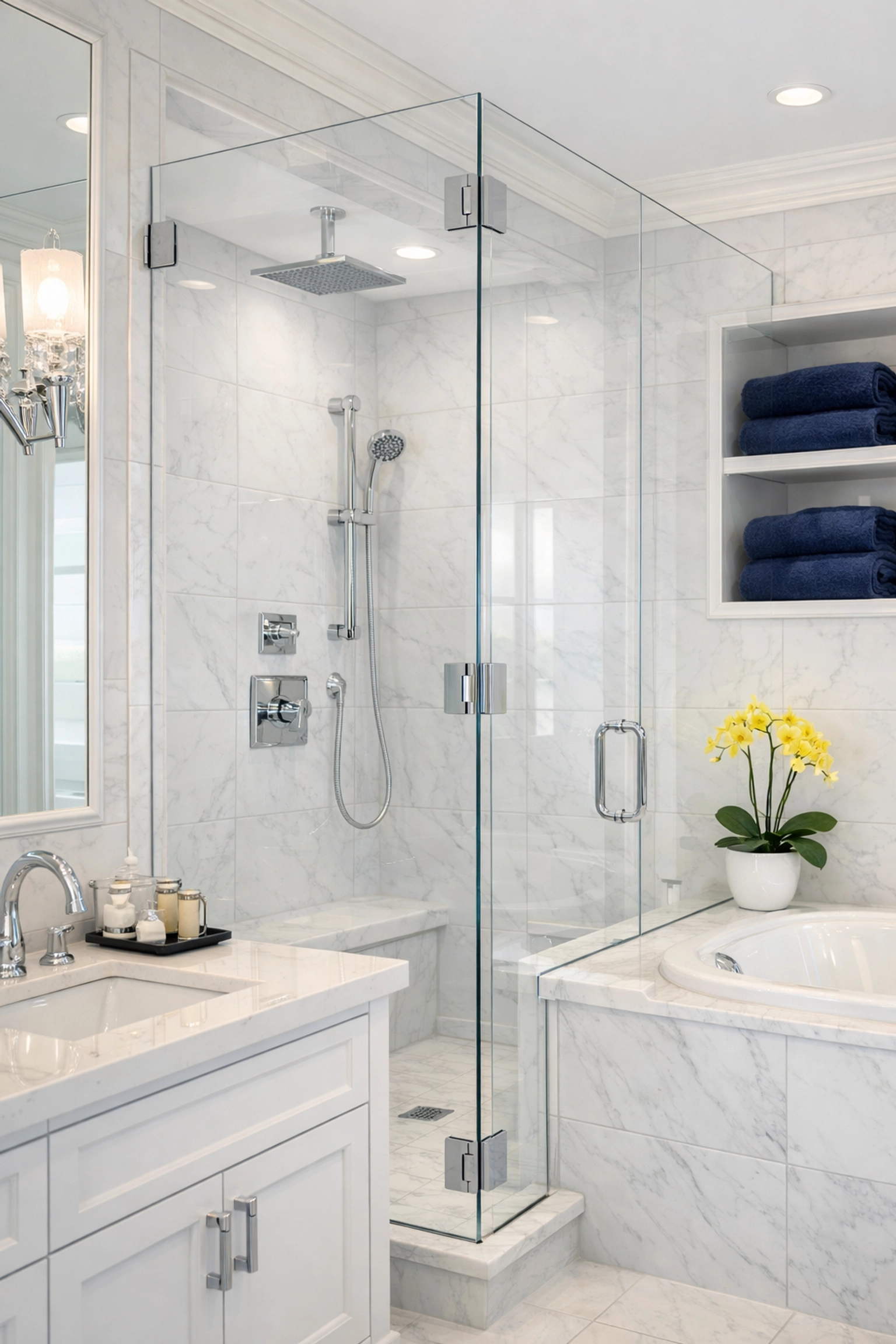 A spotless bathroom with white tile grout and a clear glass shower after Deep cleaning Southborough.
