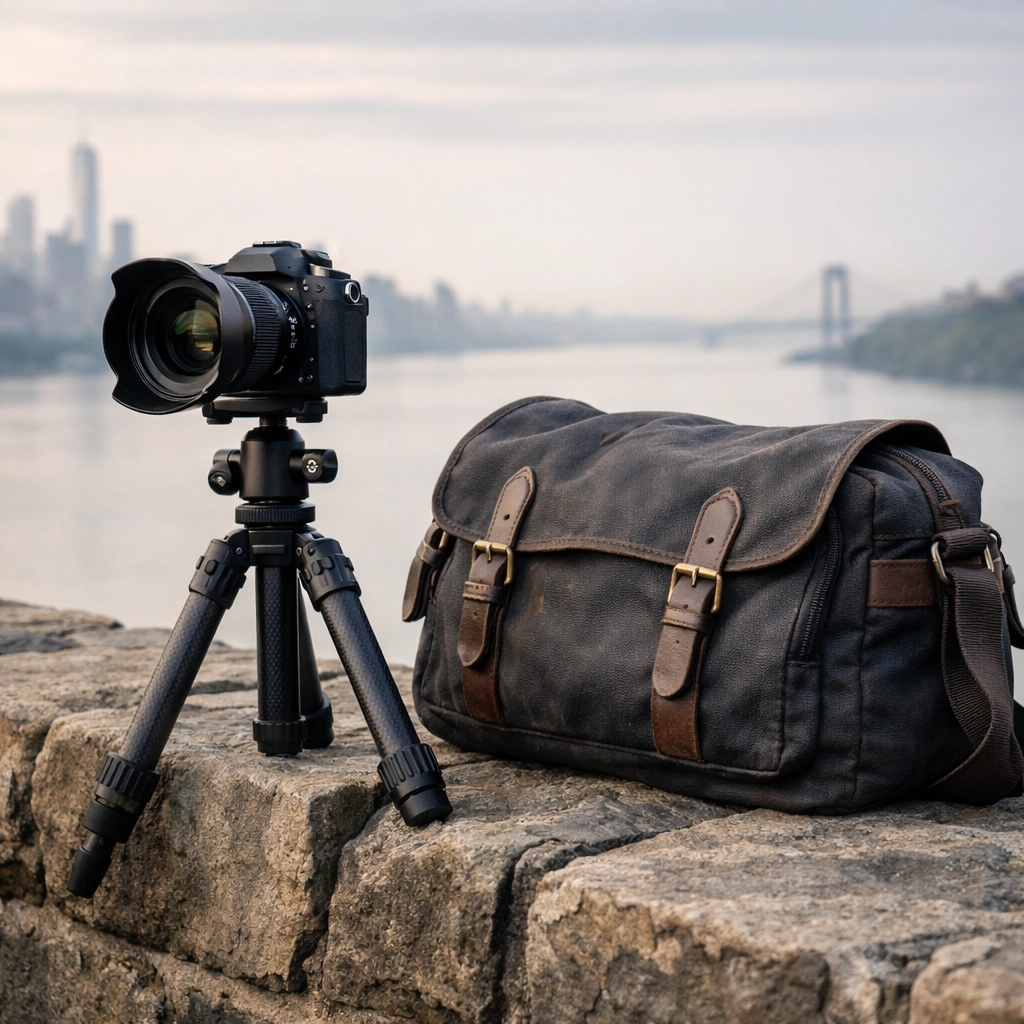 Camera gear and tripod setup for professional landscape and fine art photography in New York City.