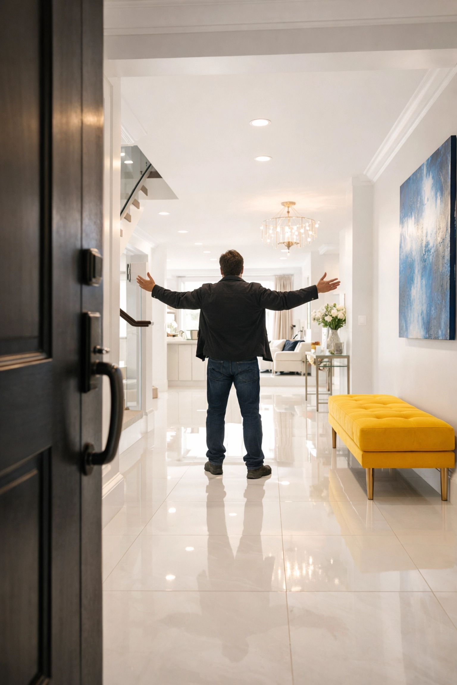 Happy homeowner entering a bright, clean house prepared by a move-in cleaning service in Reading.