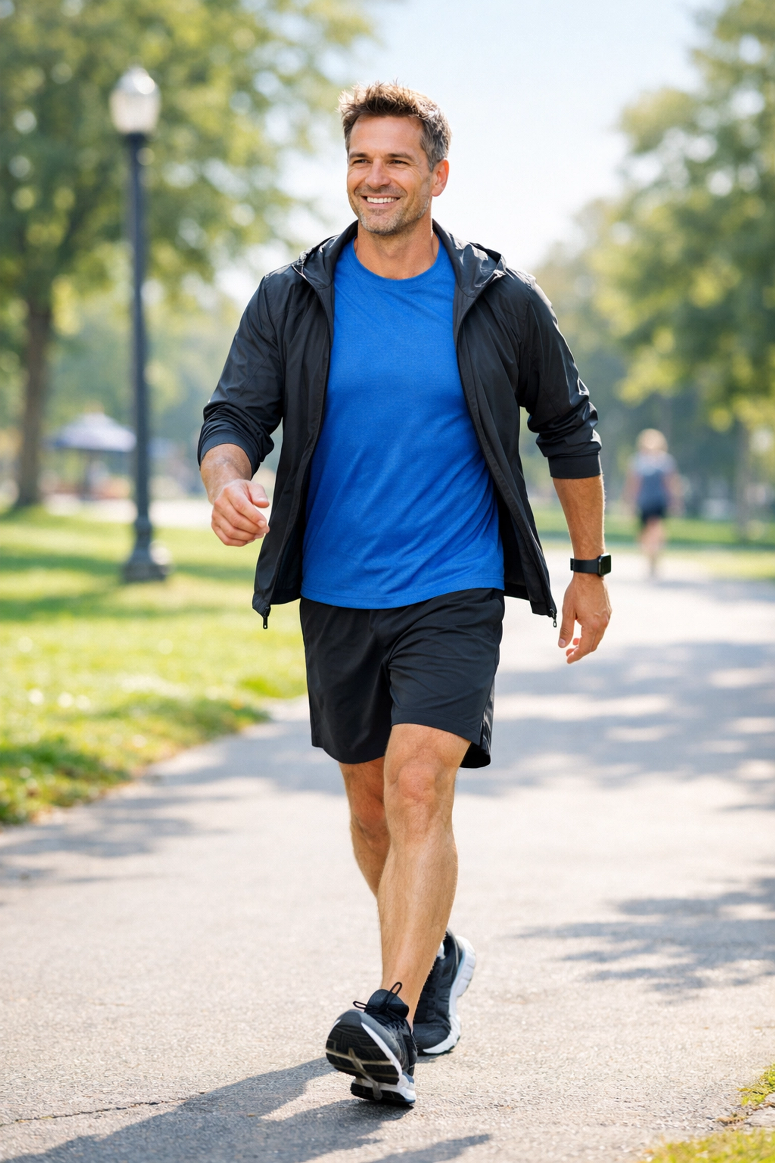 An active man walking in a park illustrating whole body health and weight management success.