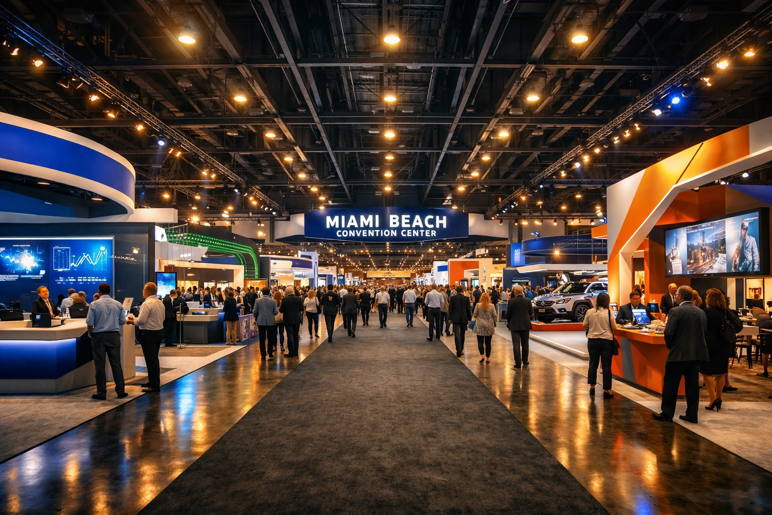Trade show photographer miami capturing a bustling exhibition floor at the Miami Beach Convention Center.