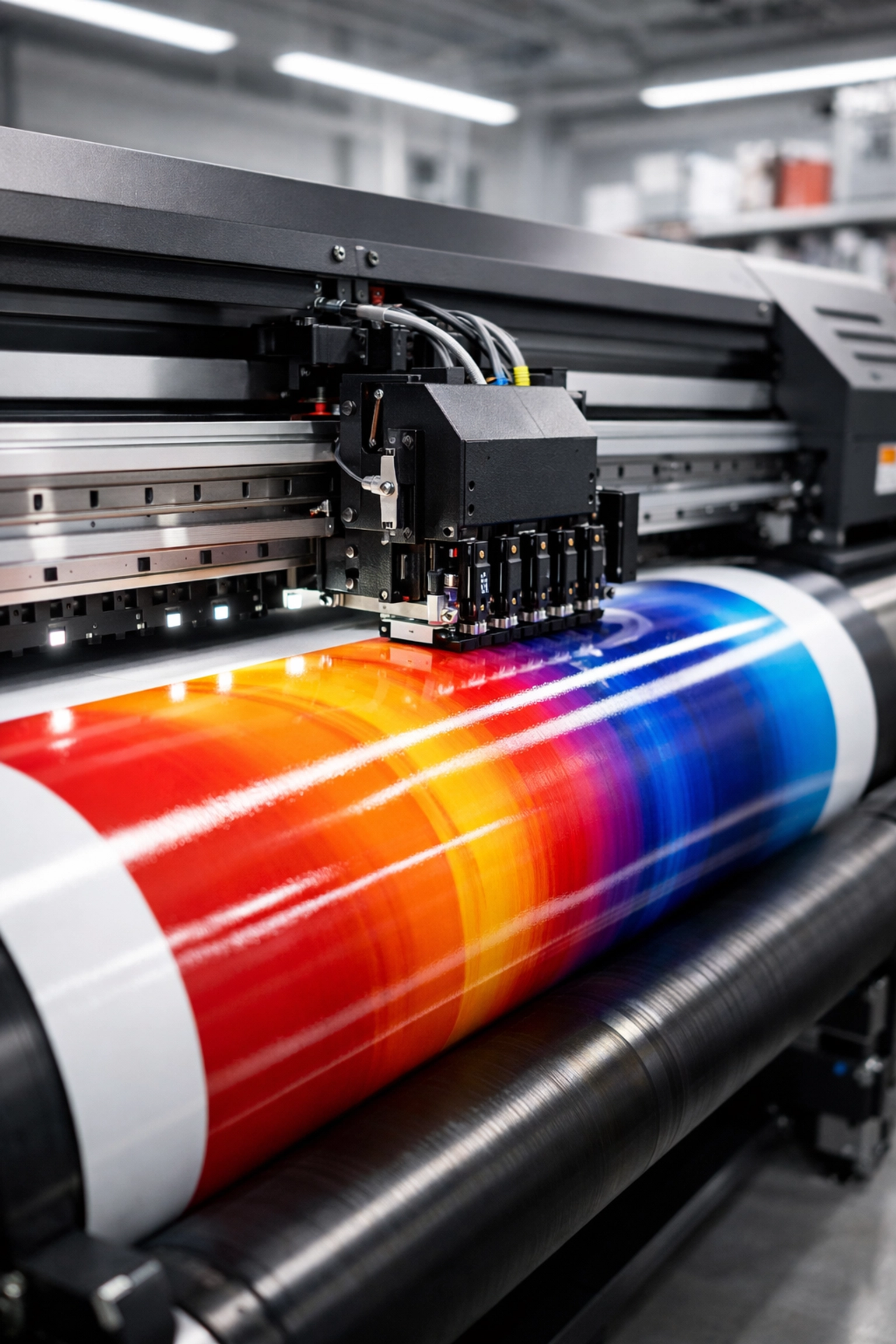 Industrial printer creating high-quality vinyl graphics for a professional vehicle wrap.