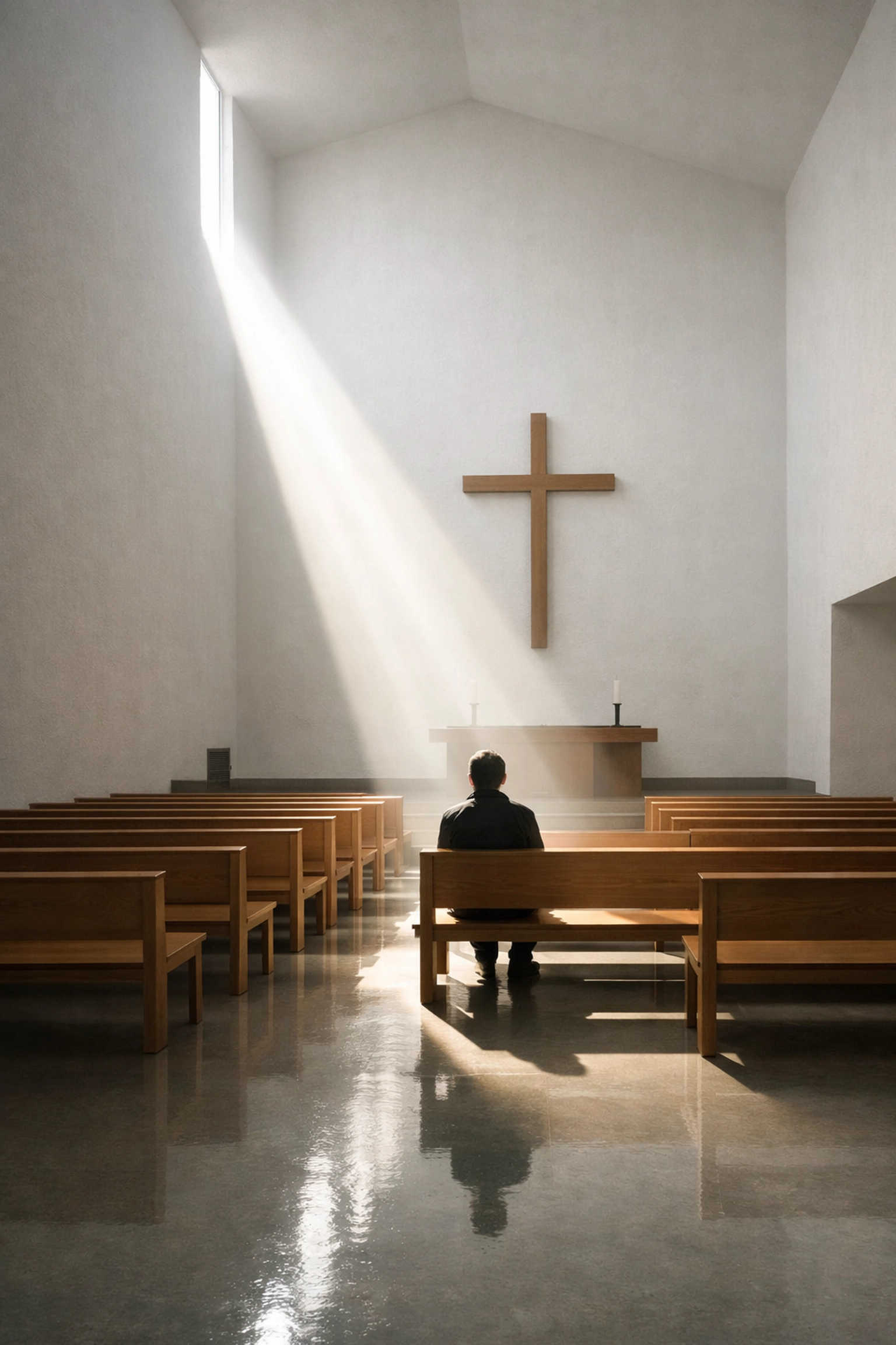 A person sits in a modern church sanctuary reflecting on their calling and the future of ministry education.