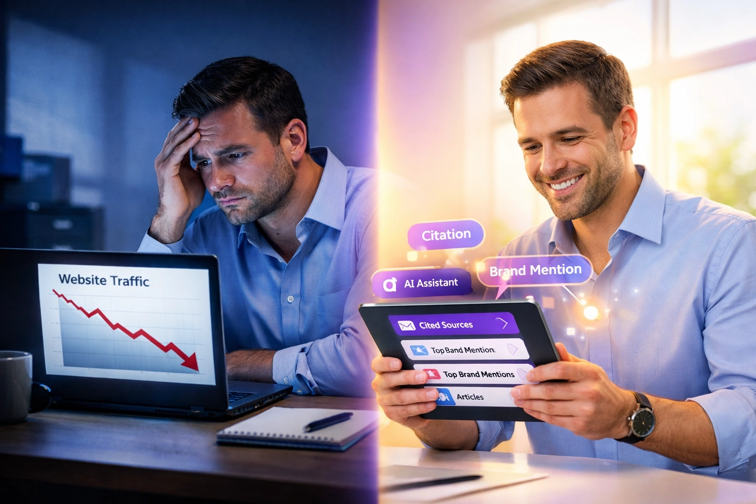 Business owner shifting from declining traffic metrics to AI-powered revenue growth systems