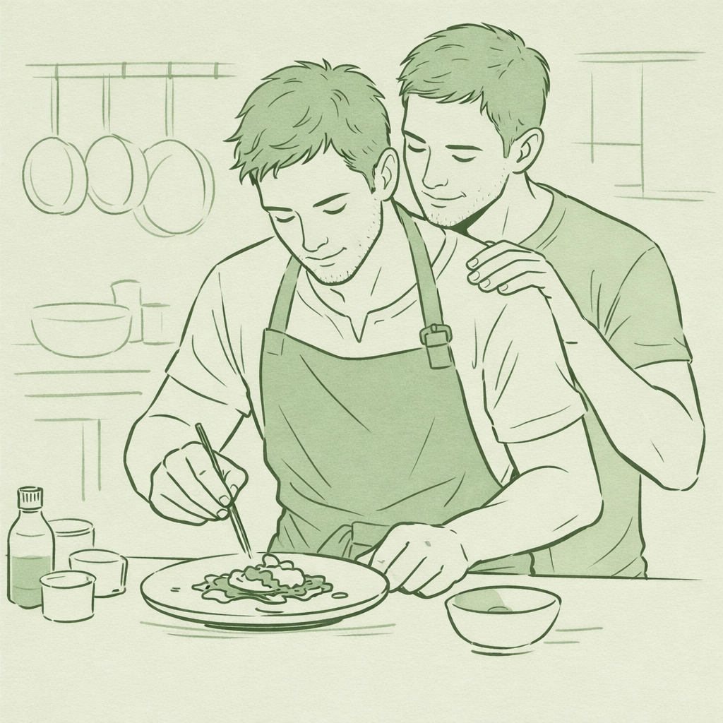 Two men in chef's kitchen share intimate culinary moment plating food - MM romance