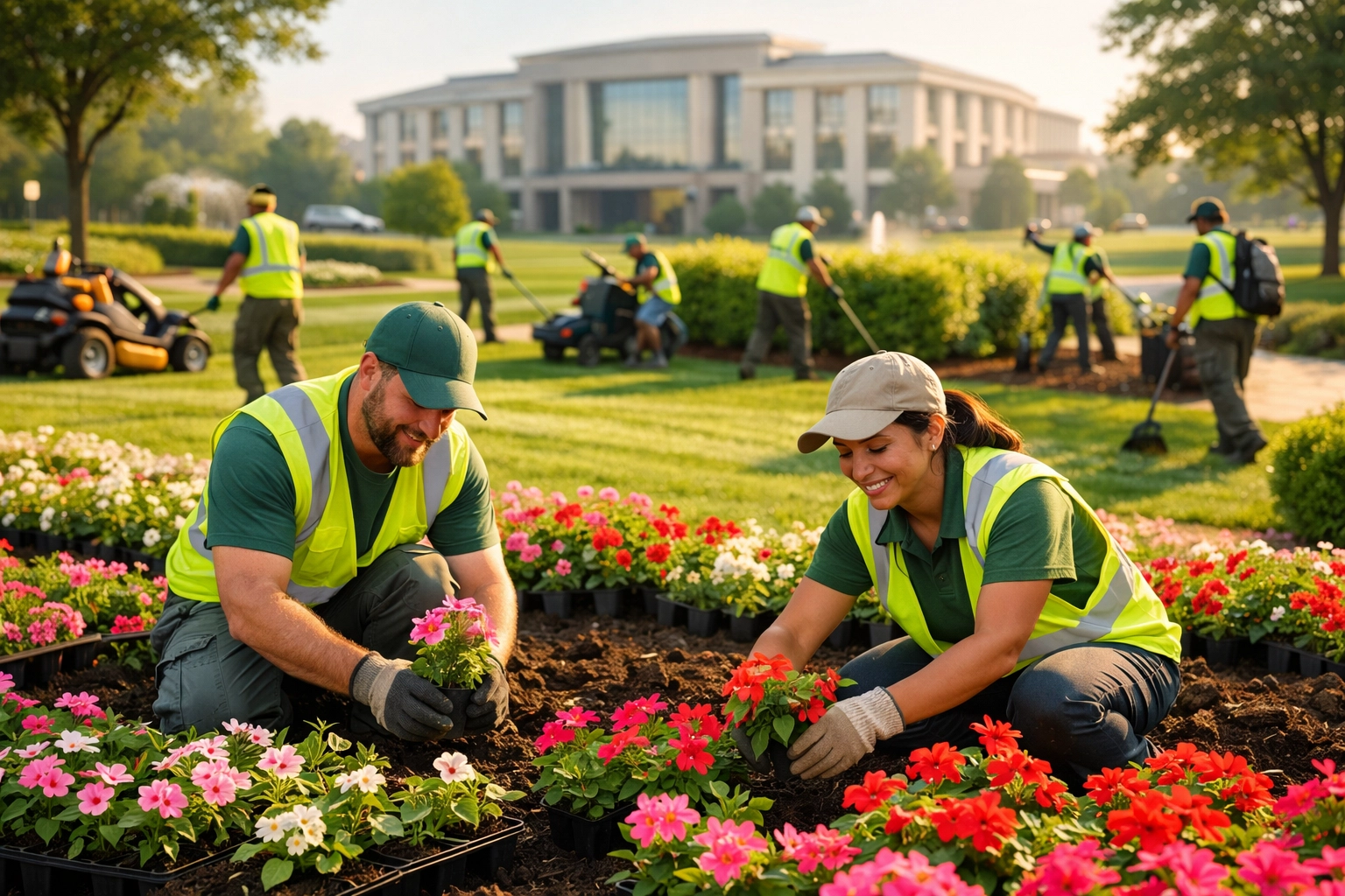 Landscaping crew planting flowers on a large commercial property illustrating business expansion.