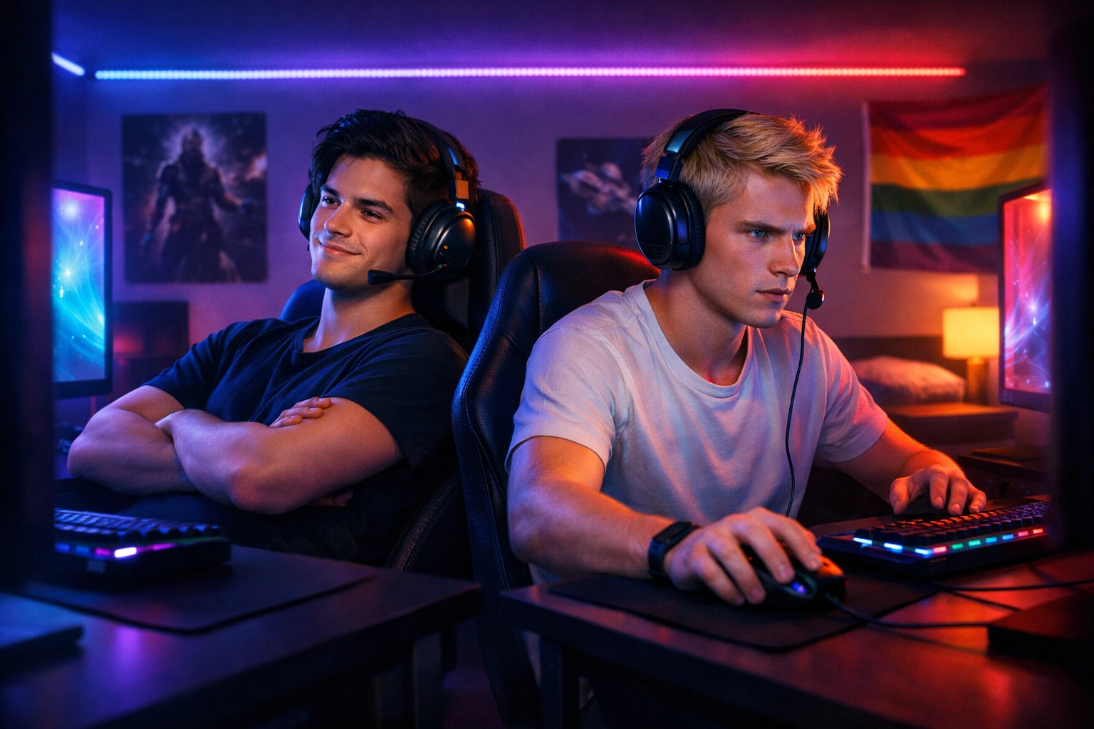 Two rival gay streamers gaming side by side with competitive tension and chemistry